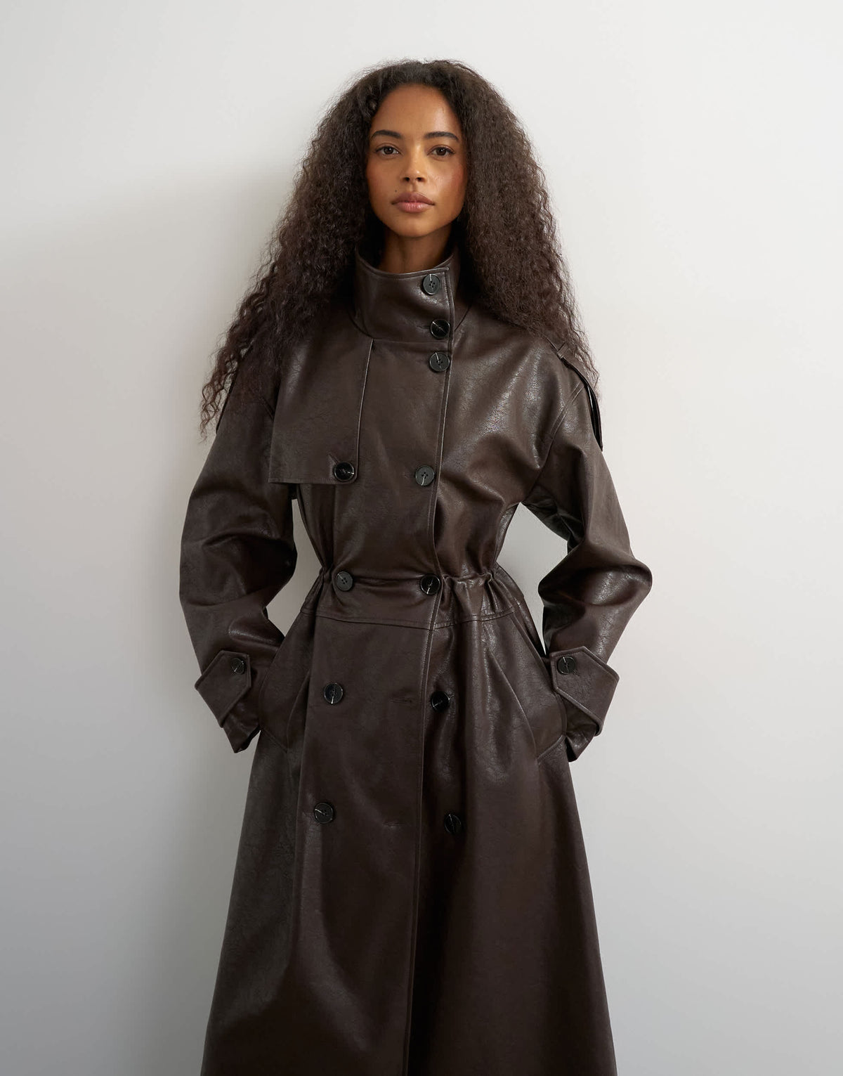 Topshop faux leather longline cinch waist trench coat in brown