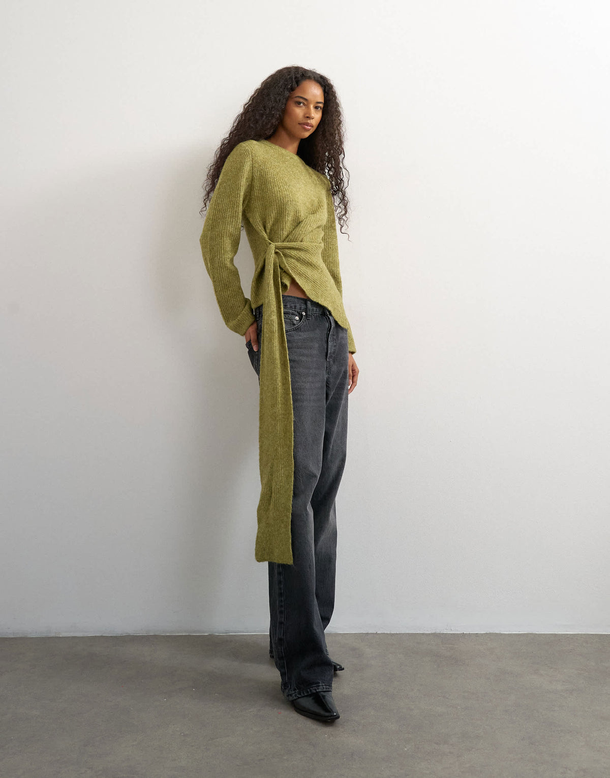 Topshop knitted side tie jumper with wool in olive green