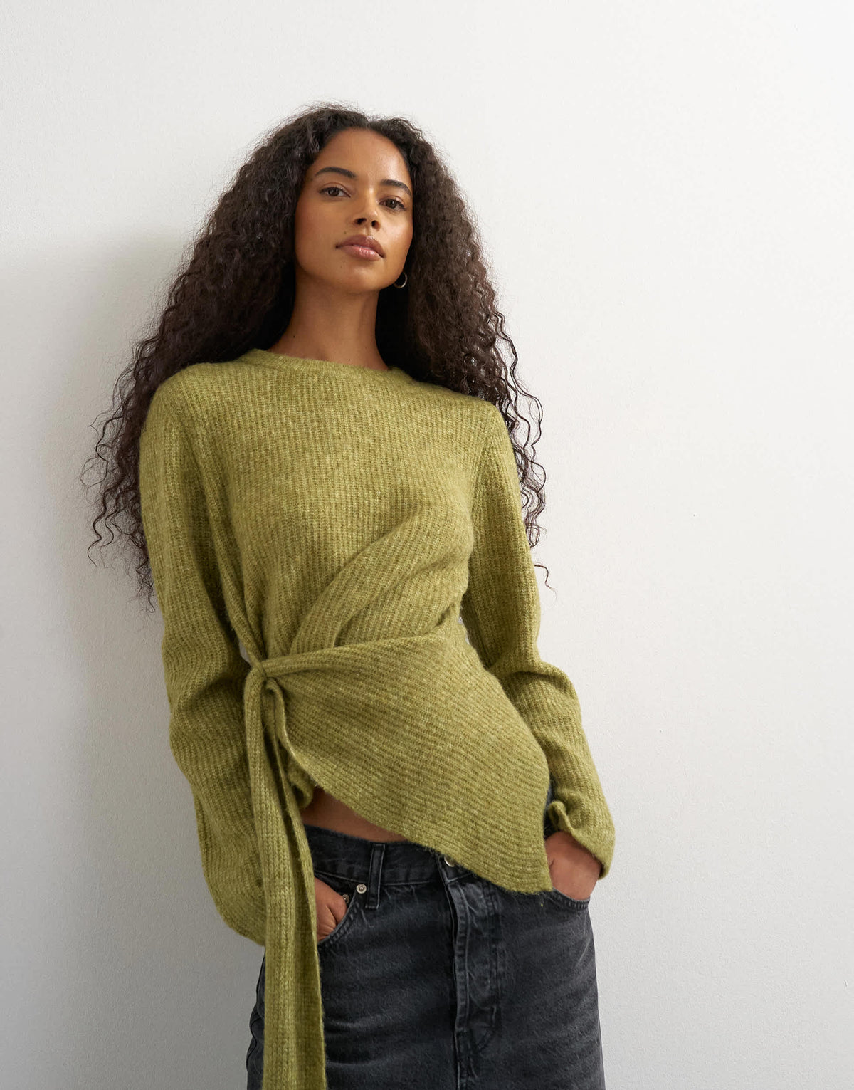 Topshop knitted side tie jumper with wool in olive green