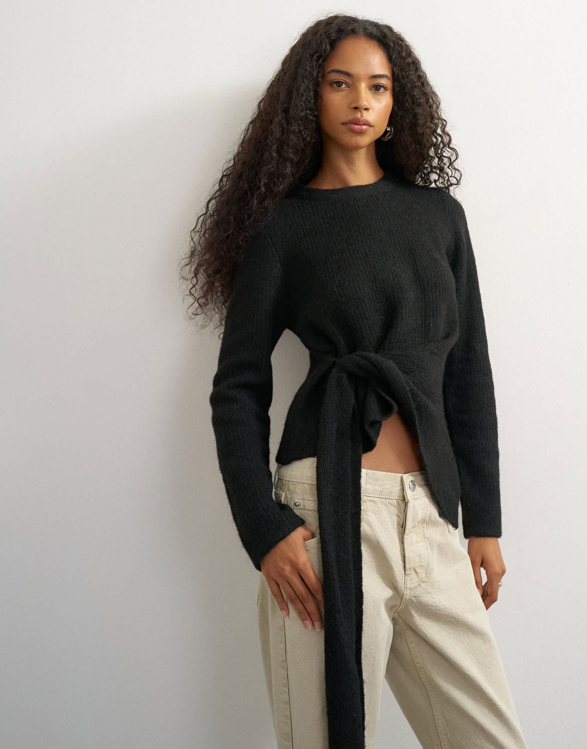 Topshop knitted side tie jumper with wool in black 
