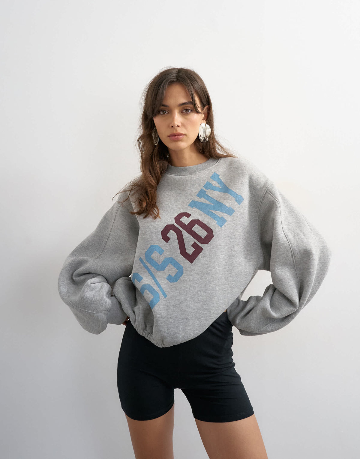 Topshop elastic hem 'NY' graphic print sweat in grey