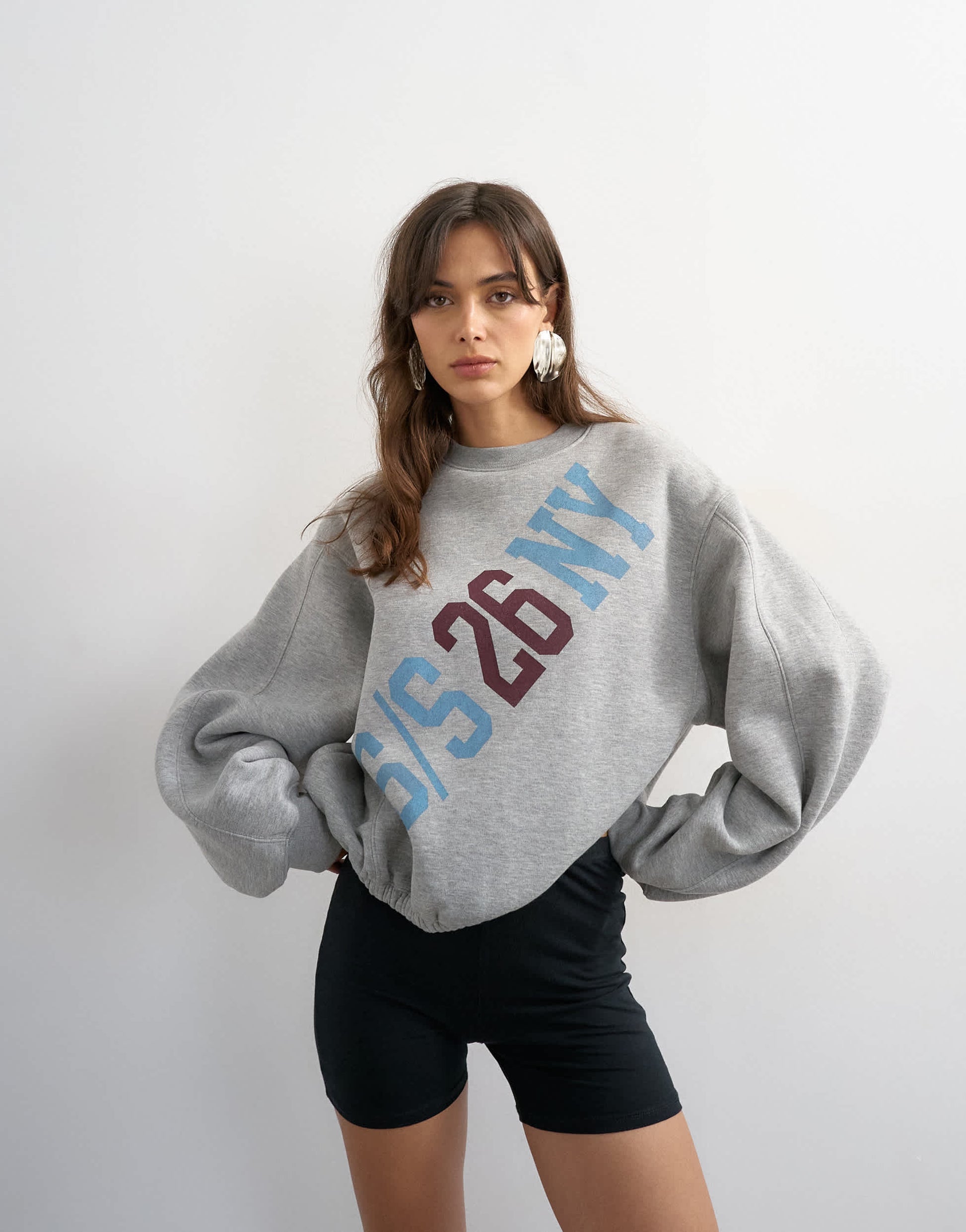 Topshop elastic hem 'NY' graphic print sweat in grey