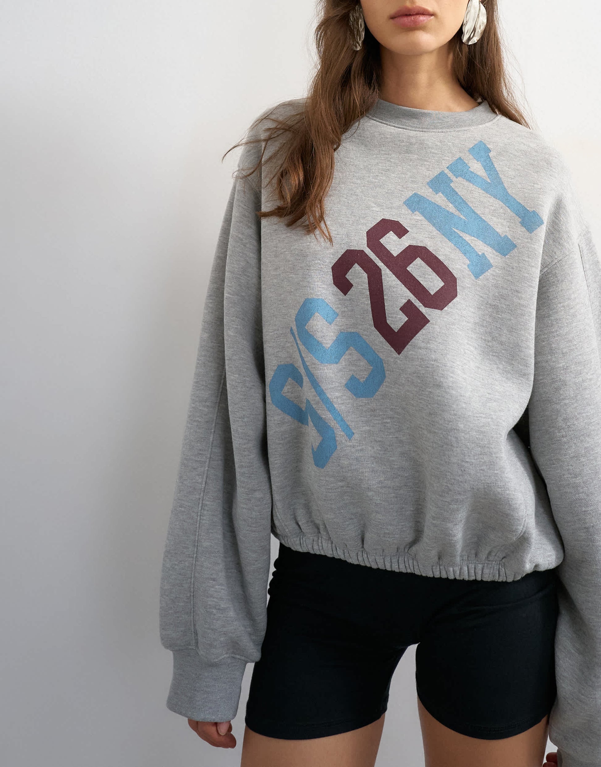Topshop elastic hem 'NY' graphic print sweat in grey