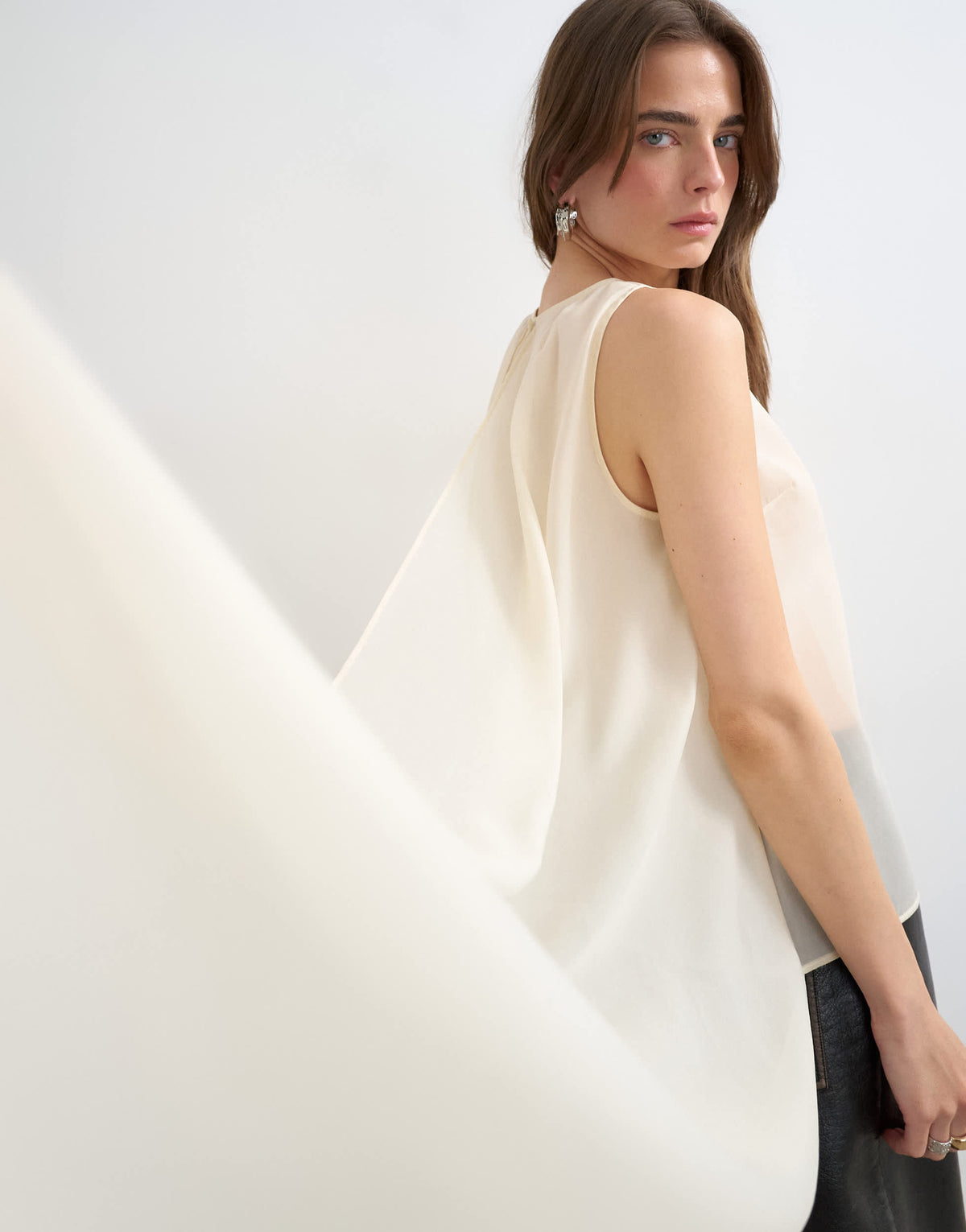 Topshop sheer organza drape tunic top in ecru
