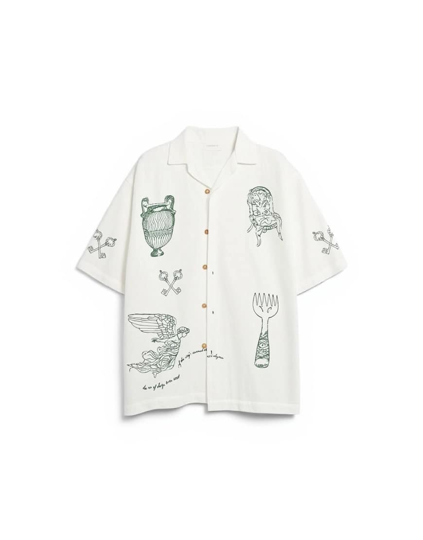 Topman relaxed fit linen blend shirt with all over placement embroidery in ecru
