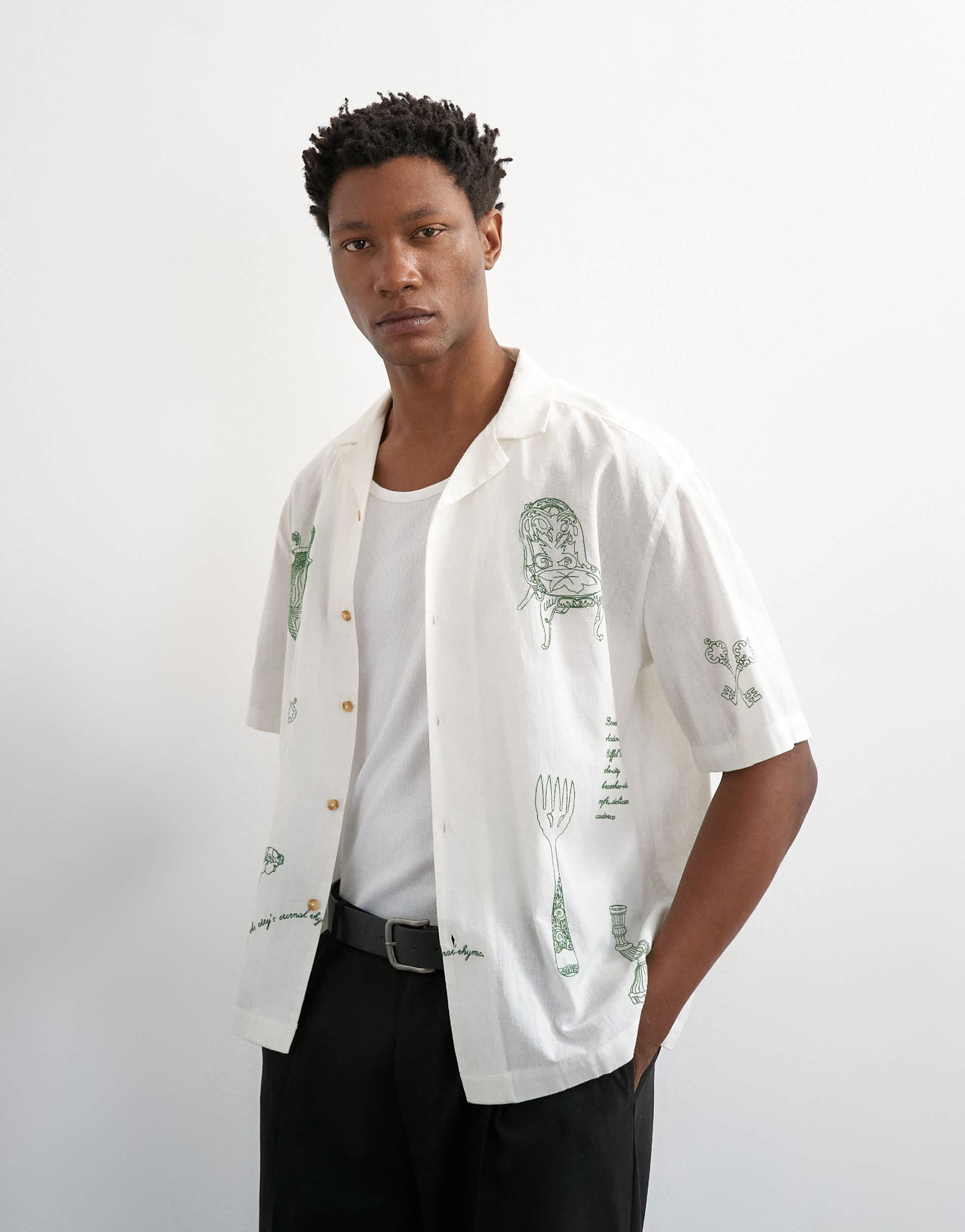 Topman Hemd mit lockerer Passform aus Leinenmischgewebe mit Allover-Stickerei in Ecru
