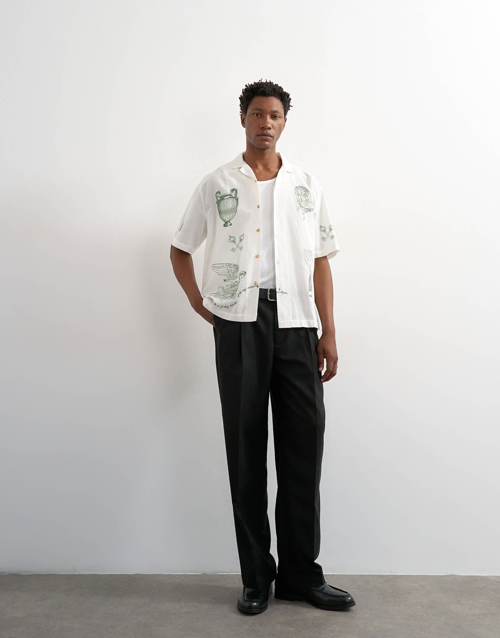 Topman relaxed fit linen blend shirt with all over placement embroidery in ecru