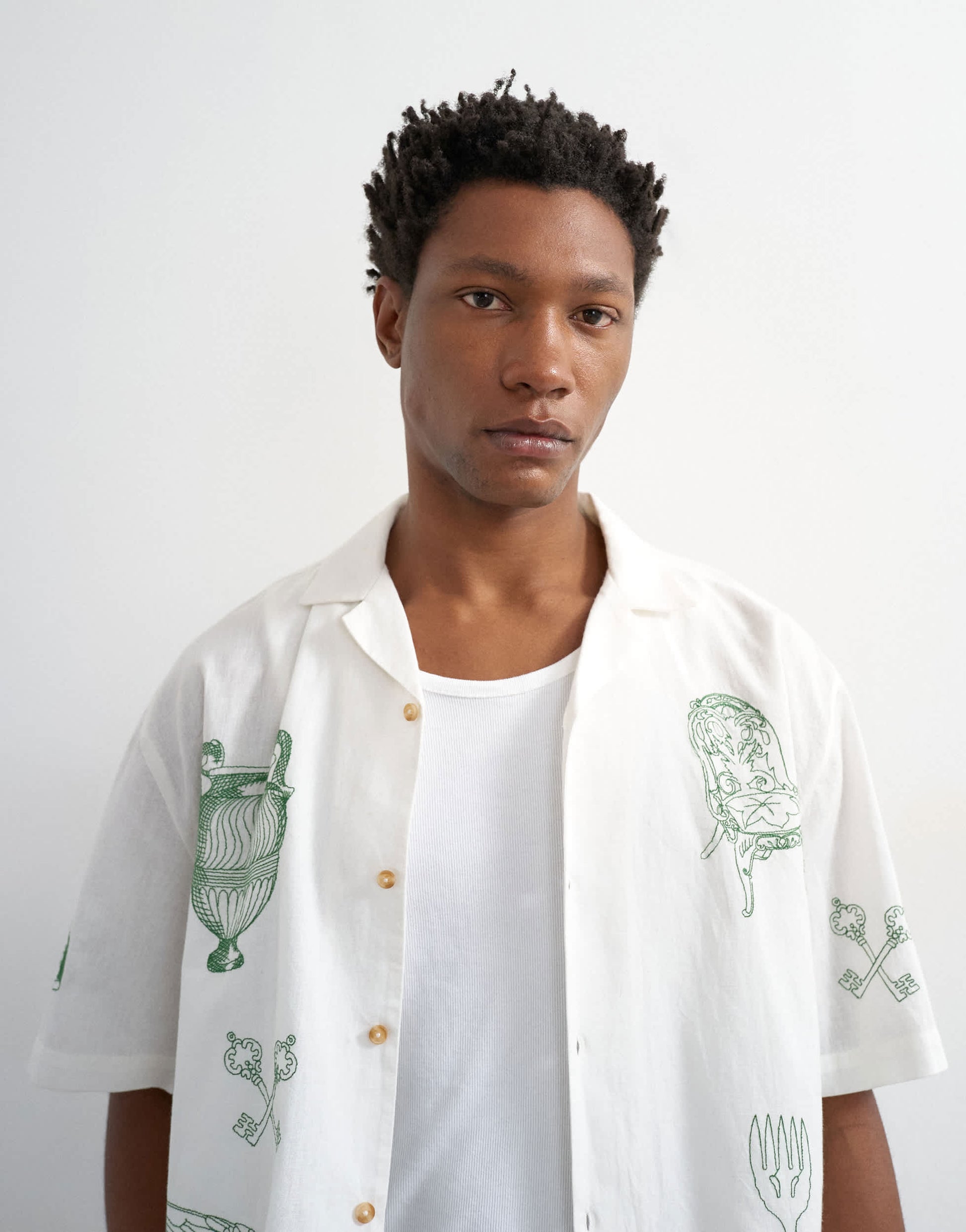Topman relaxed fit linen blend shirt with all over placement embroidery in ecru