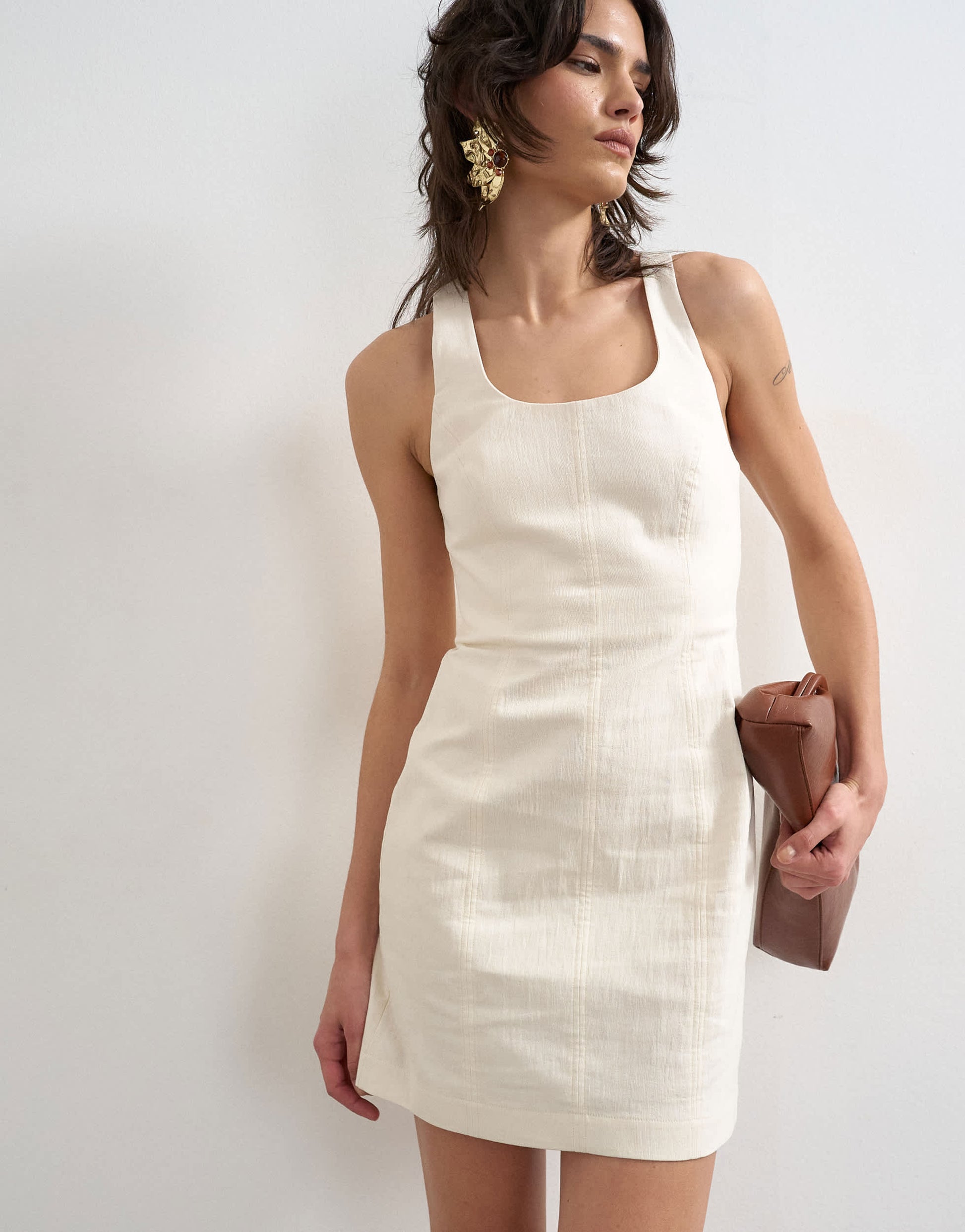 Topshop cotton scoop neck heavy twill seamed mini dress in off white