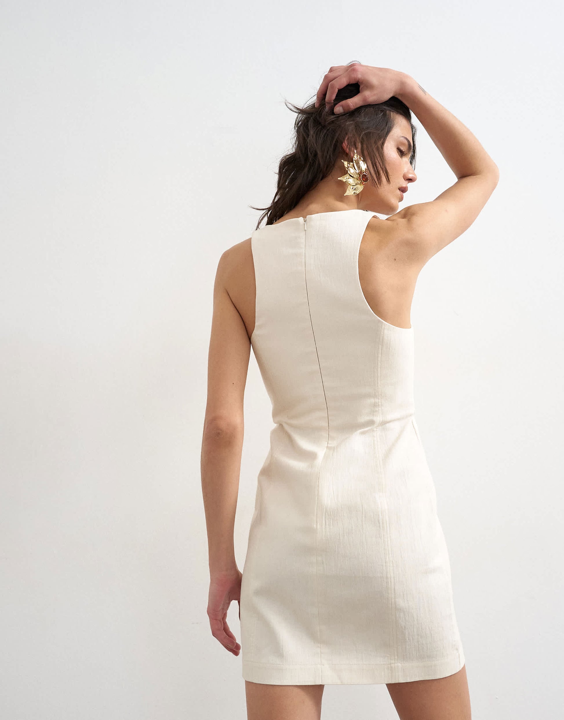 Topshop cotton scoop neck heavy twill seamed mini dress in off white