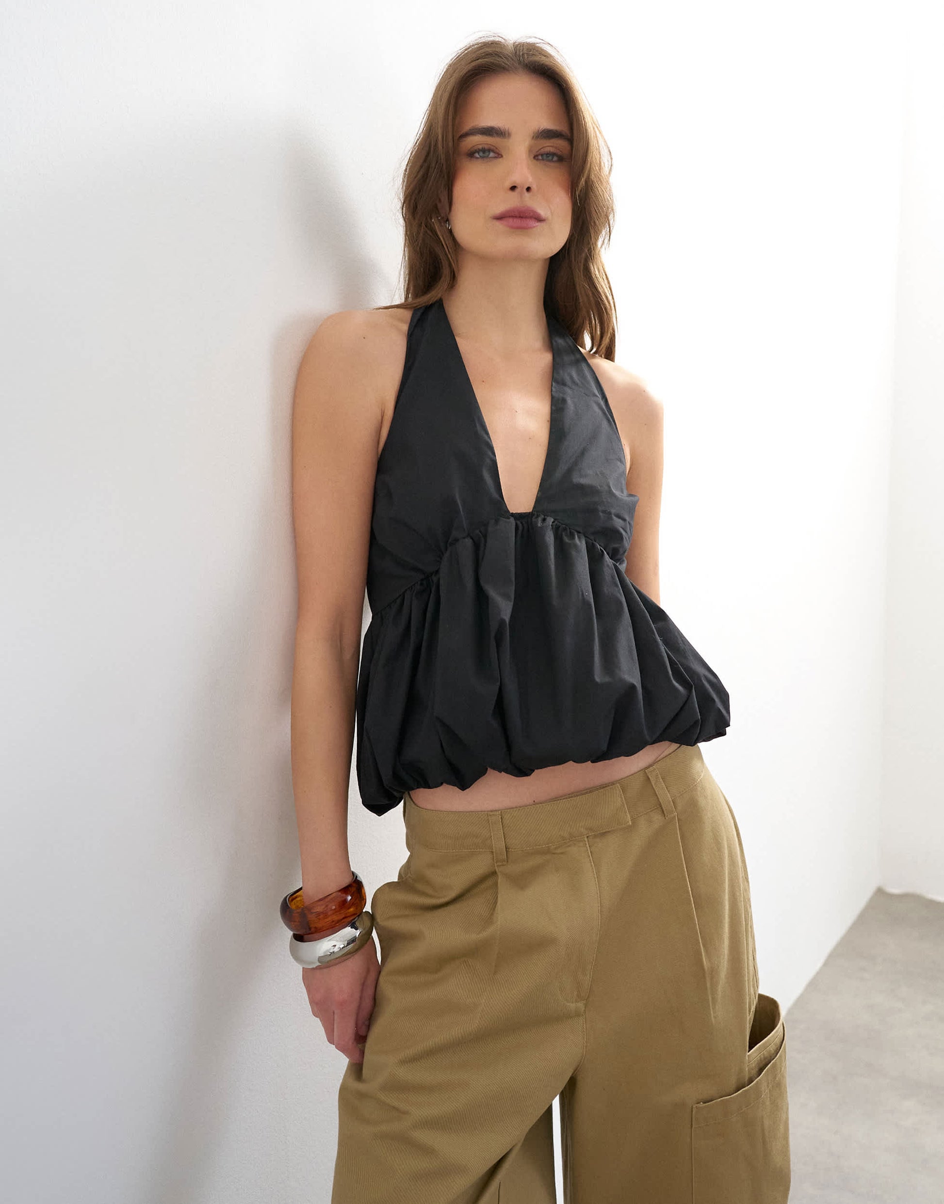 Topshop halter neck bubble hem top in black