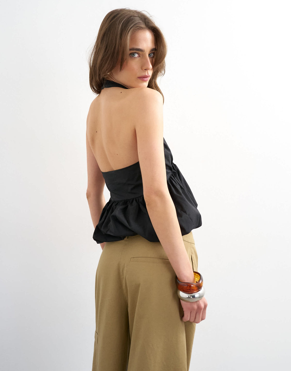 Topshop halter neck bubble hem top in black