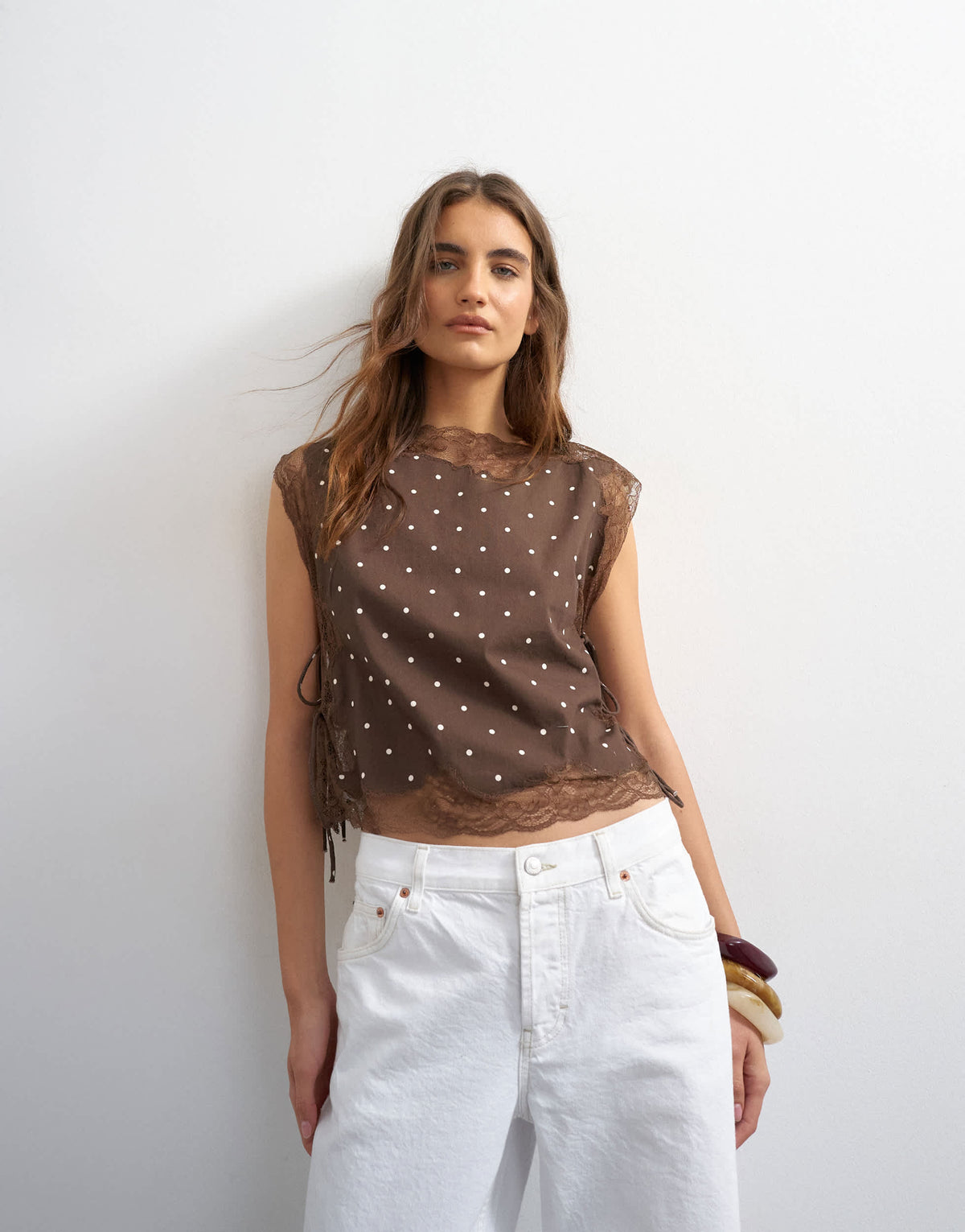 Topshop tie side lace detail top in chocolate spot