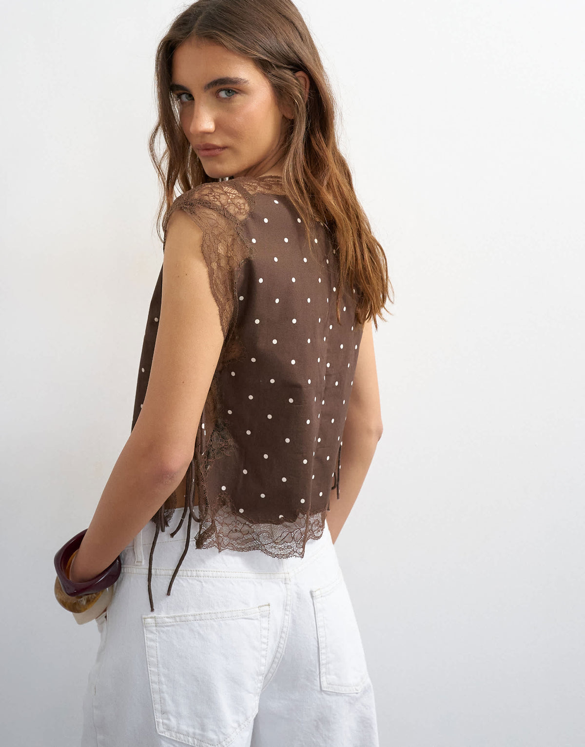 Topshop tie side lace detail top in chocolate spot
