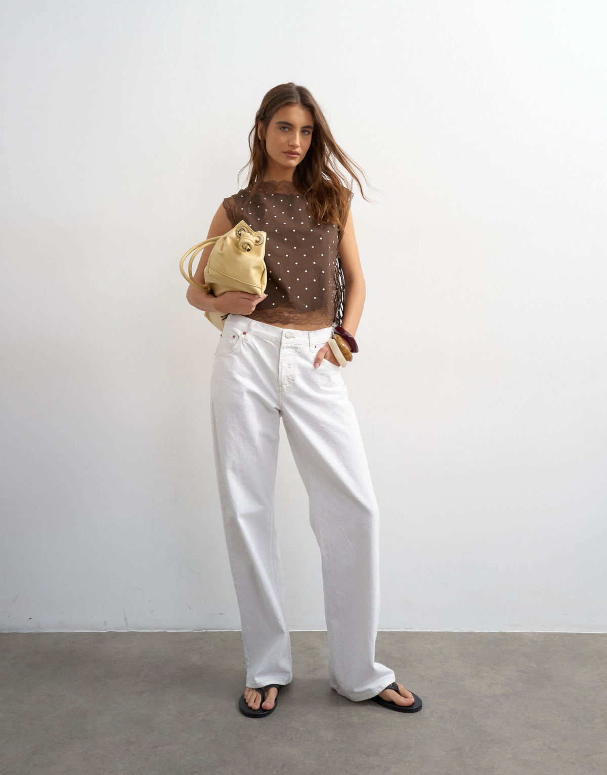 Topshop tie side lace detail top in chocolate spot