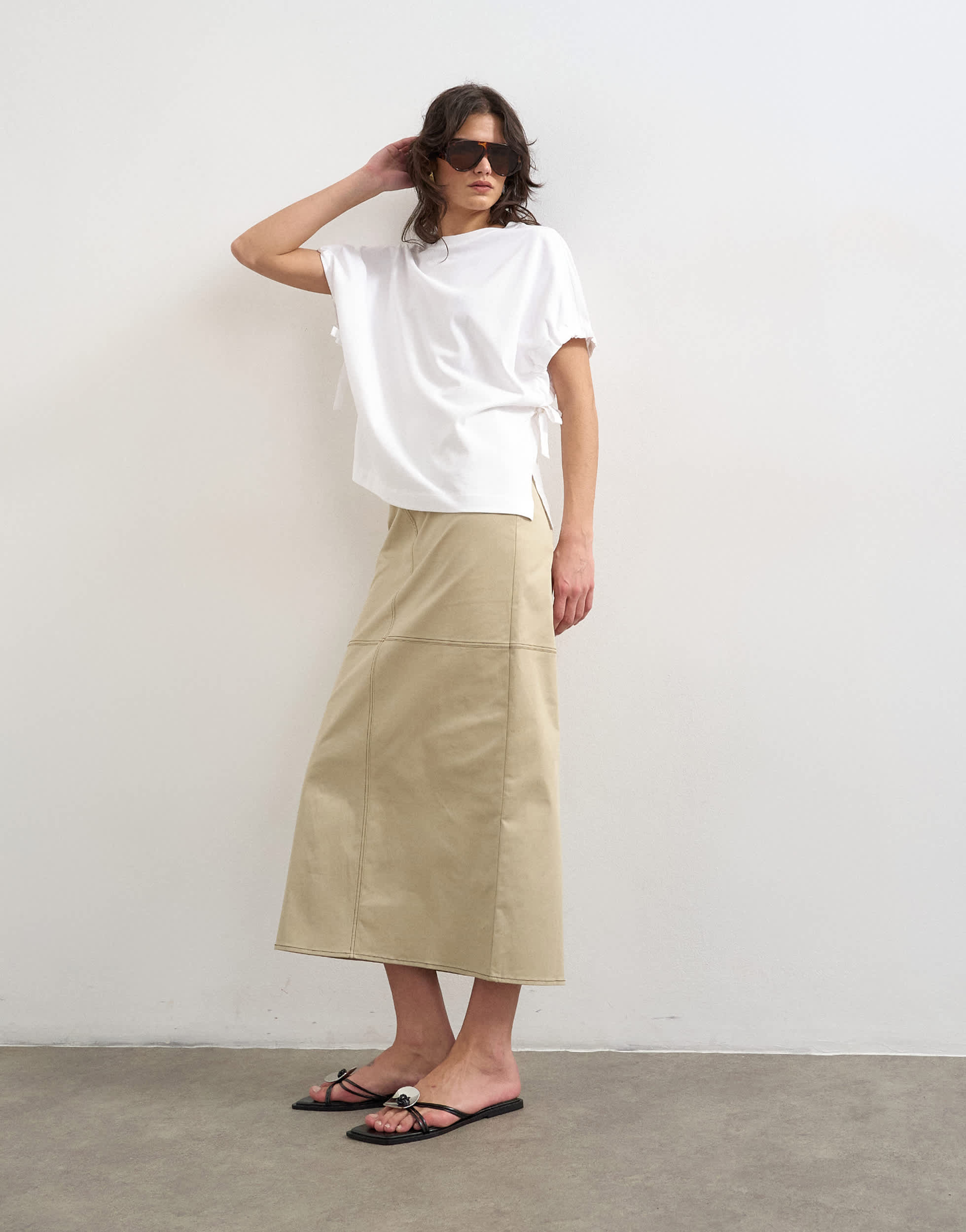 Topshop column midi skirt with contrast stitch detail in stone