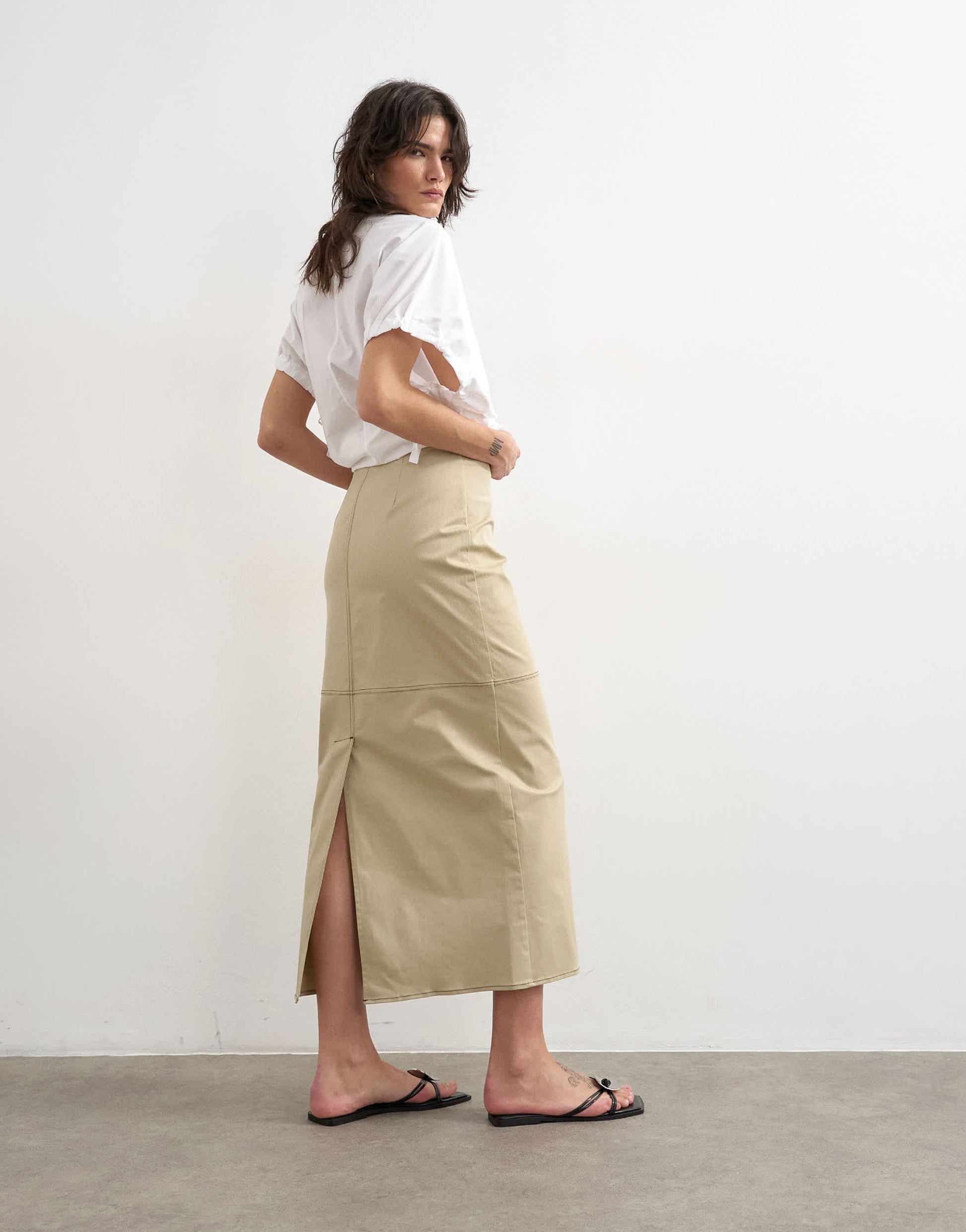 Topshop column midi skirt with contrast stitch detail in stone
