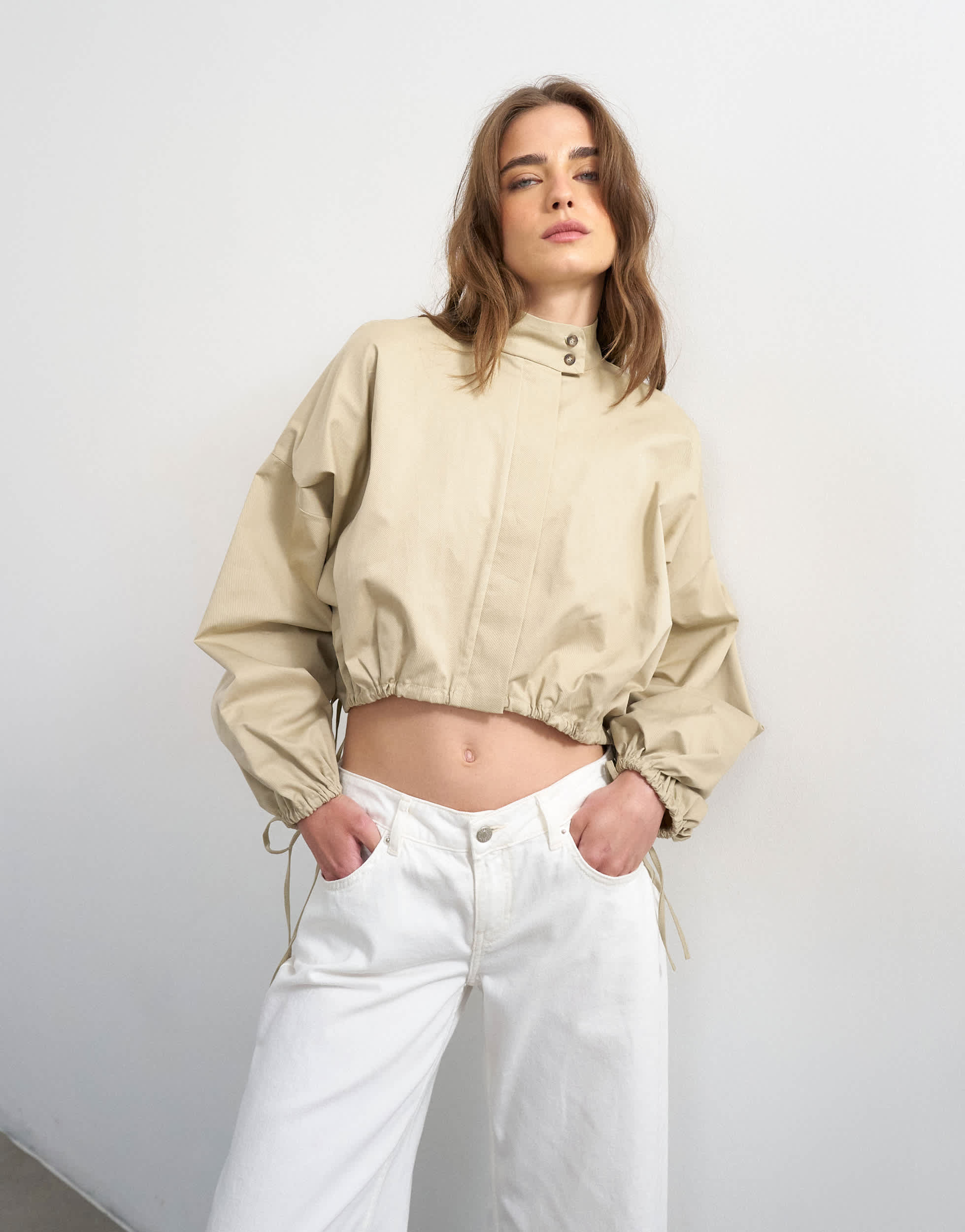 Topshop funnel neck tie detail shirt in stone