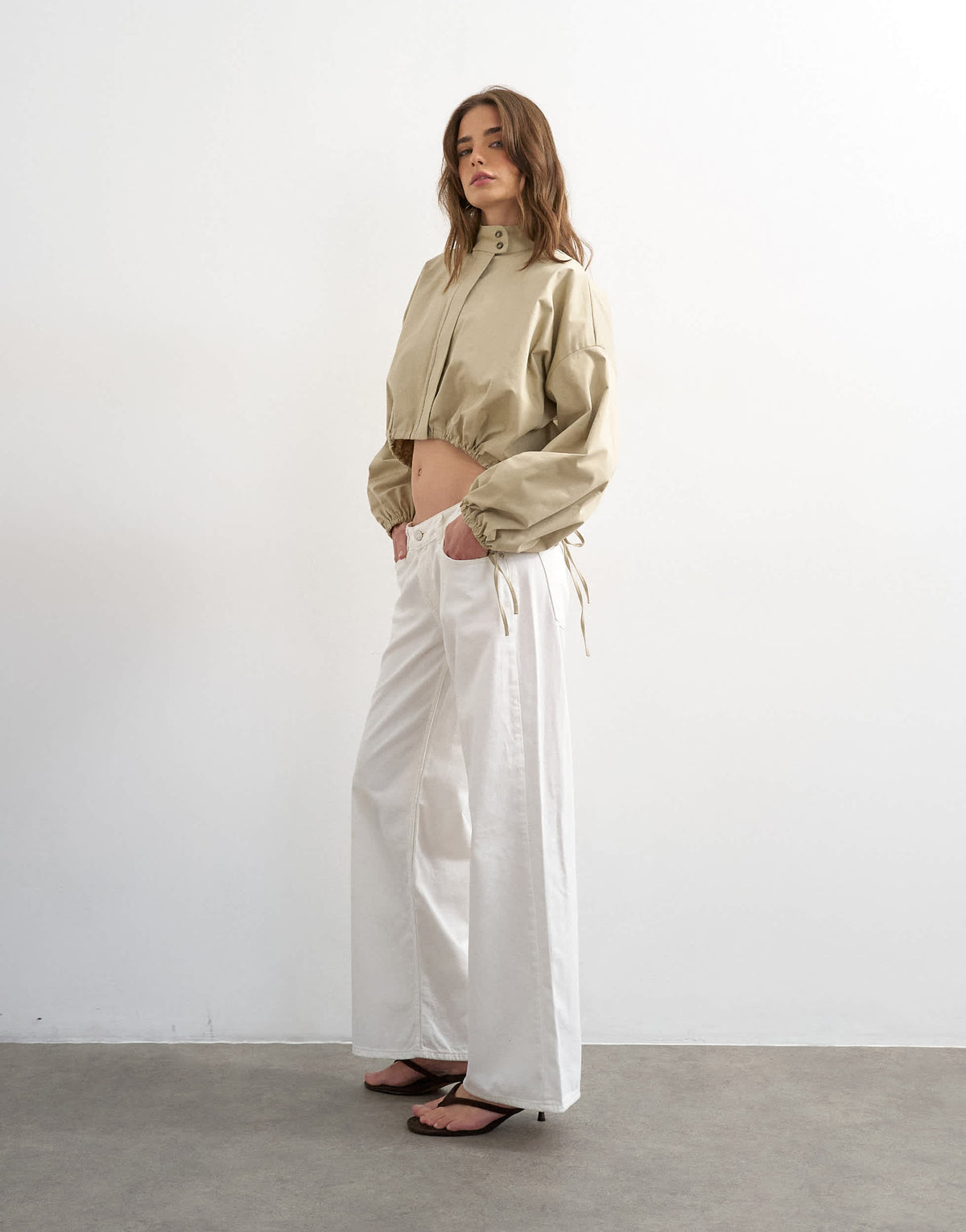 Topshop funnel neck tie detail shirt in stone