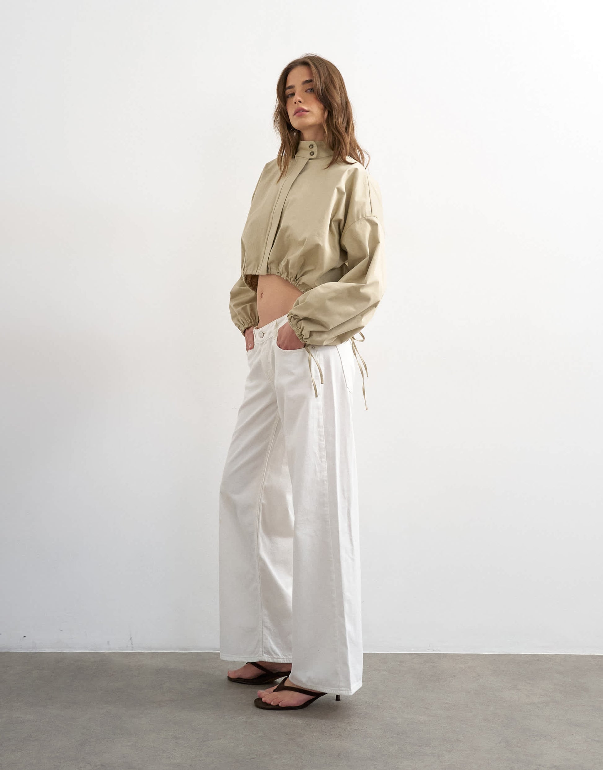Topshop funnel neck tie detail shirt in stone