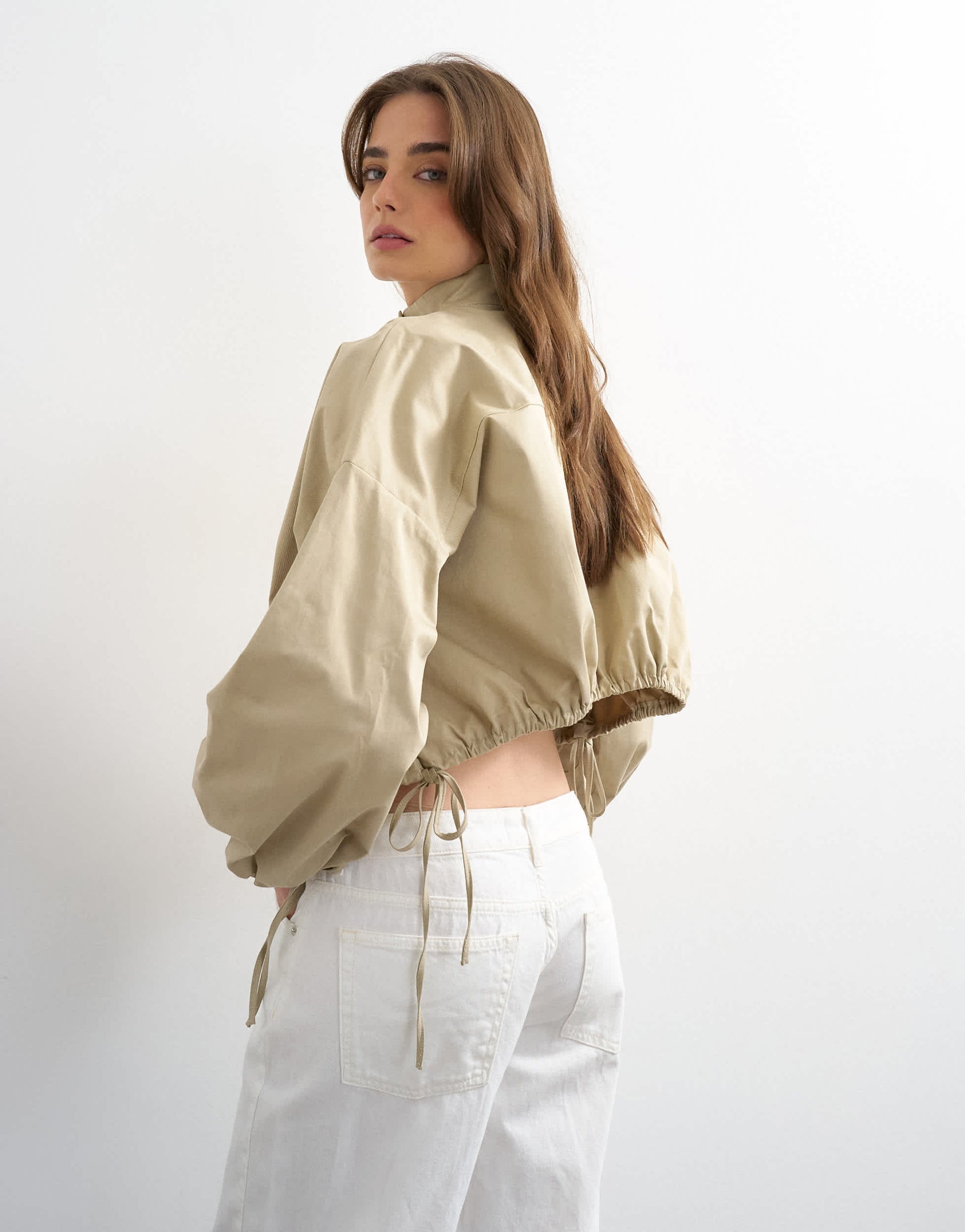 Topshop funnel neck tie detail shirt in stone