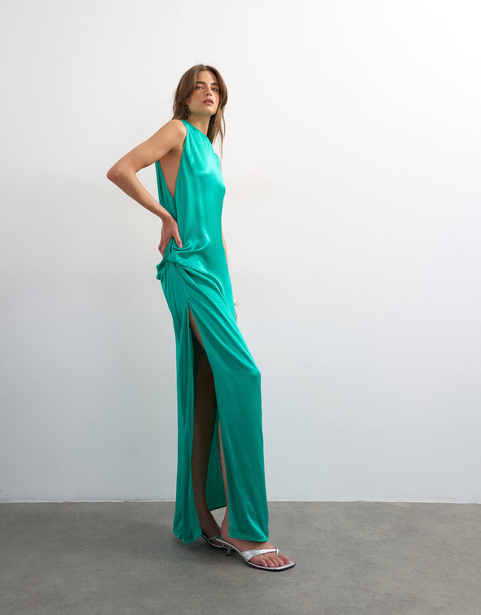 Topshop satin sleeveless asymmetric drape maxi dress in emerald green