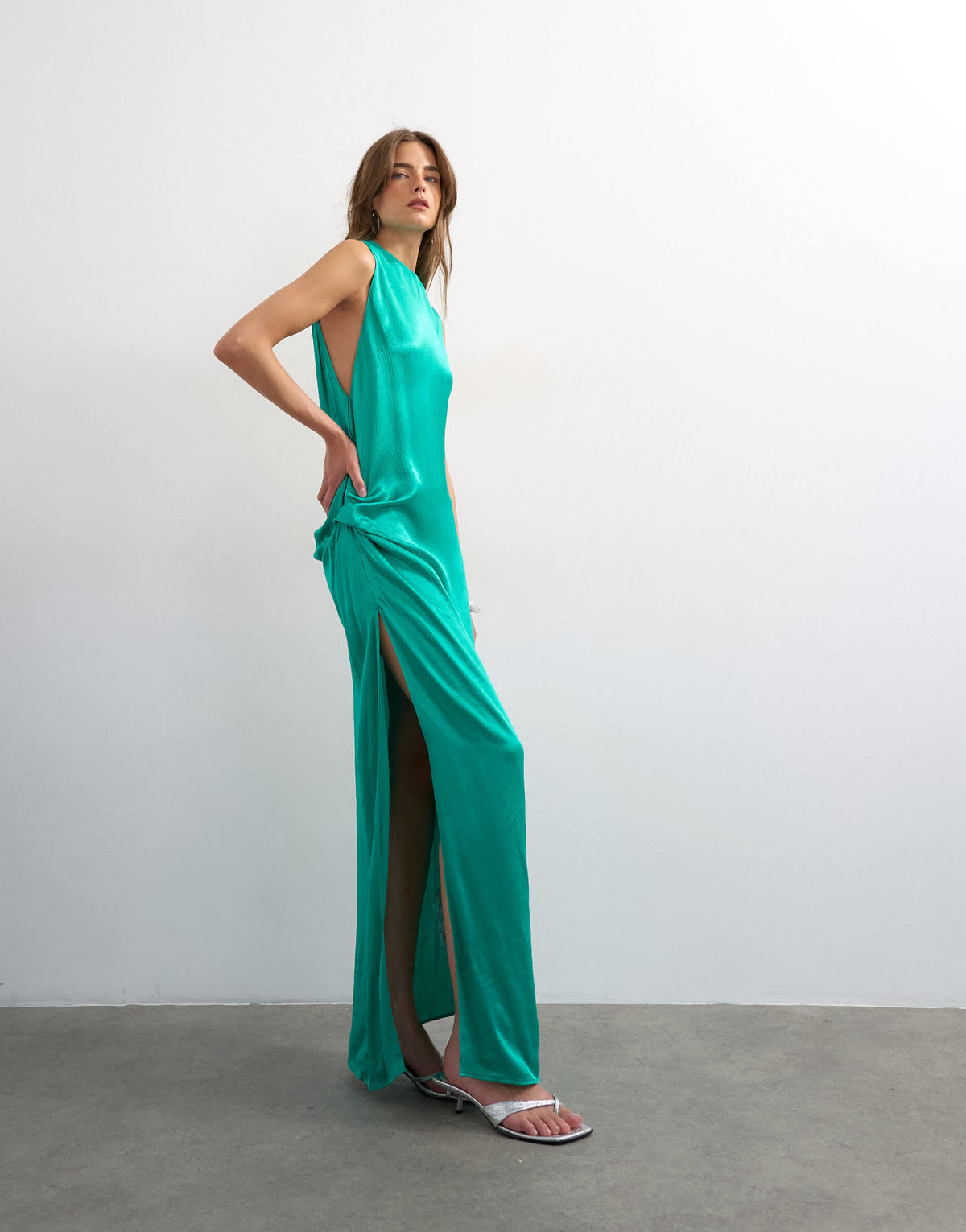 Topshop satin sleeveless asymmetric drape maxi dress in emerald green