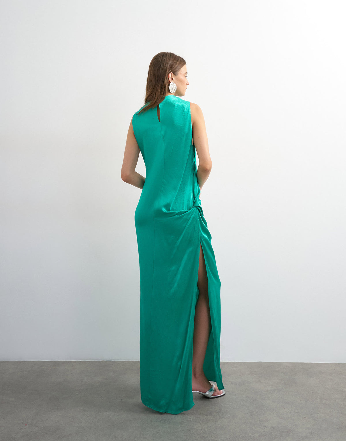 Topshop satin sleeveless asymmetric drape maxi dress in emerald green