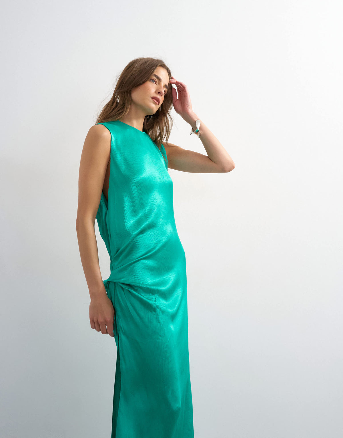 Topshop satin sleeveless asymmetric drape maxi dress in emerald green