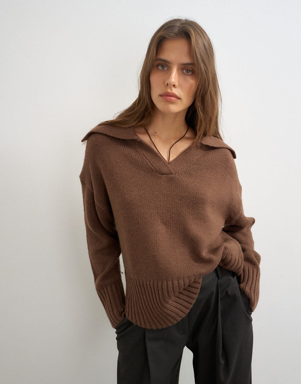 Topshop knitted curved hem collared polo jumper with wool in pecan