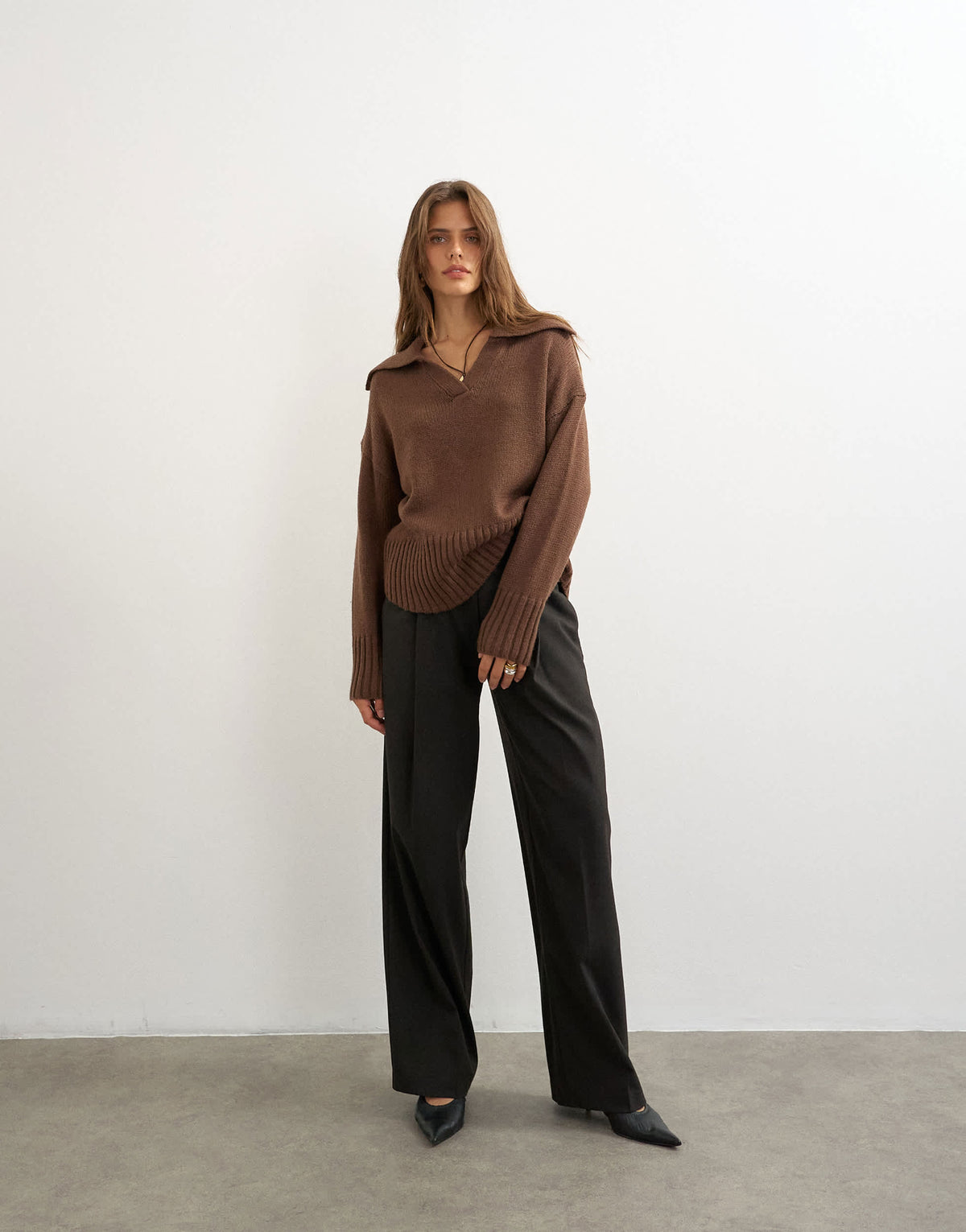 Topshop knitted curved hem collared polo jumper with wool in pecan