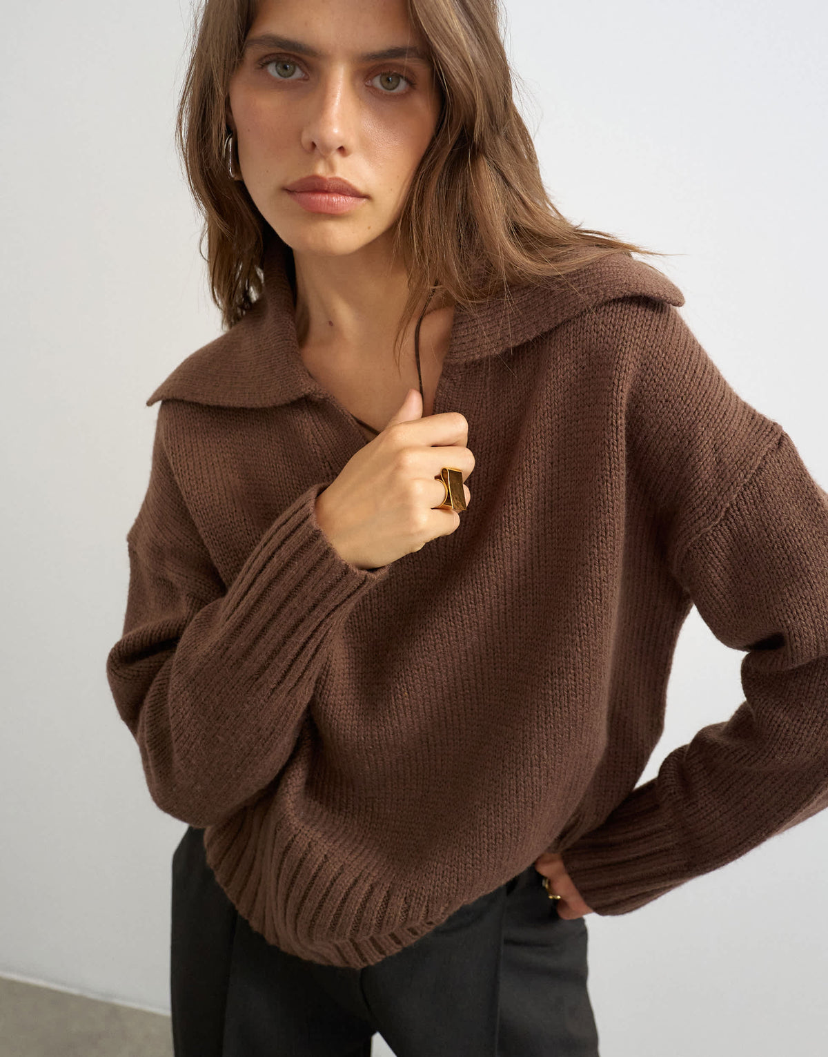 Topshop knitted curved hem collared polo jumper with wool in pecan