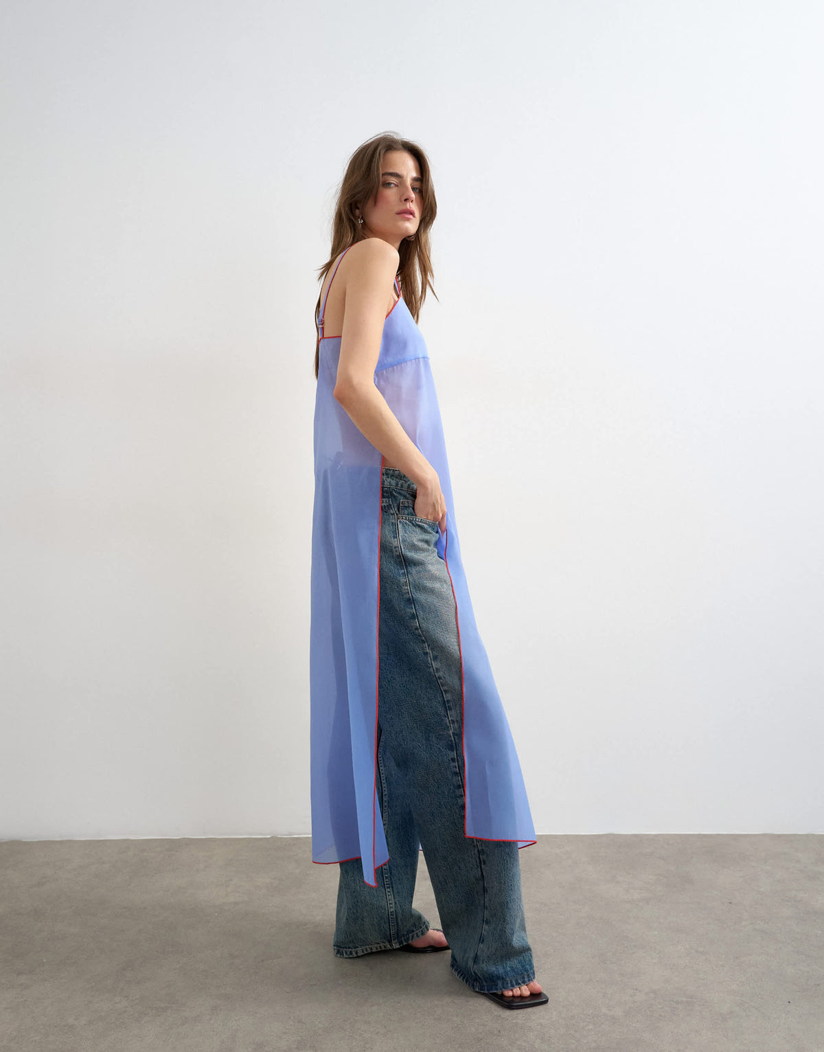 Topshop organza longline cami in blue with contrast orange tipping