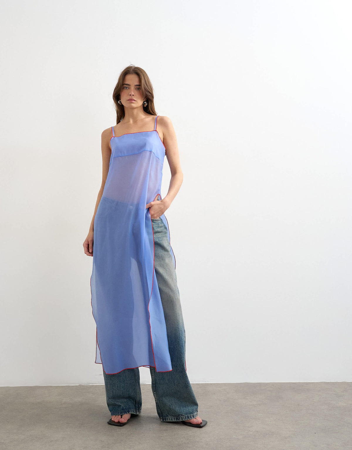 Topshop organza longline cami in blue with contrast orange tipping