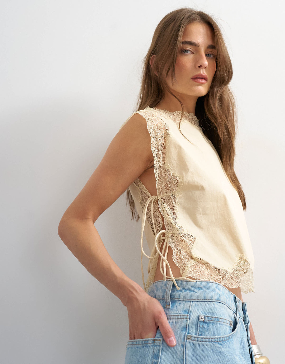 Topshop tie side lace detail top in ecru