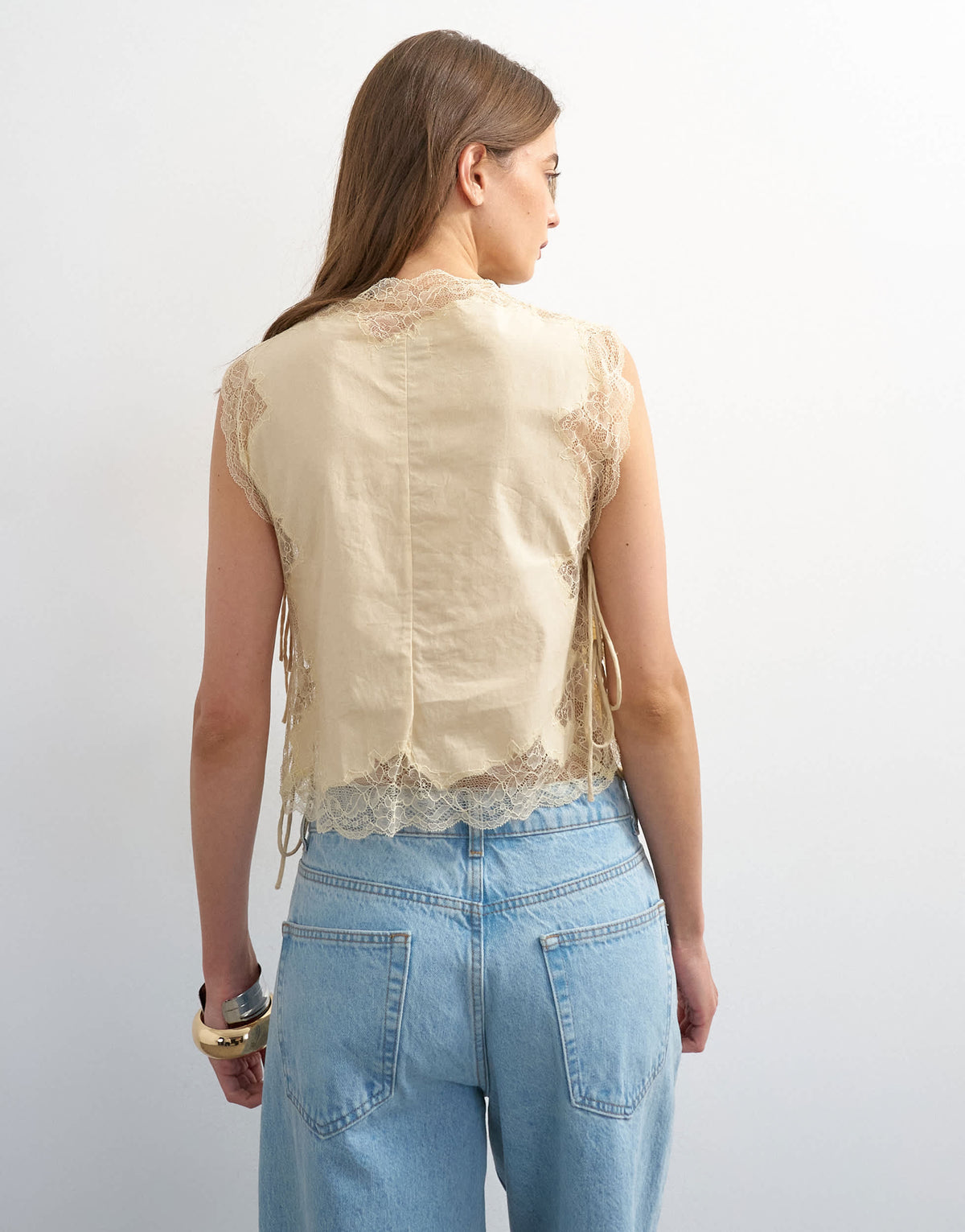 Topshop tie side lace detail top in ecru