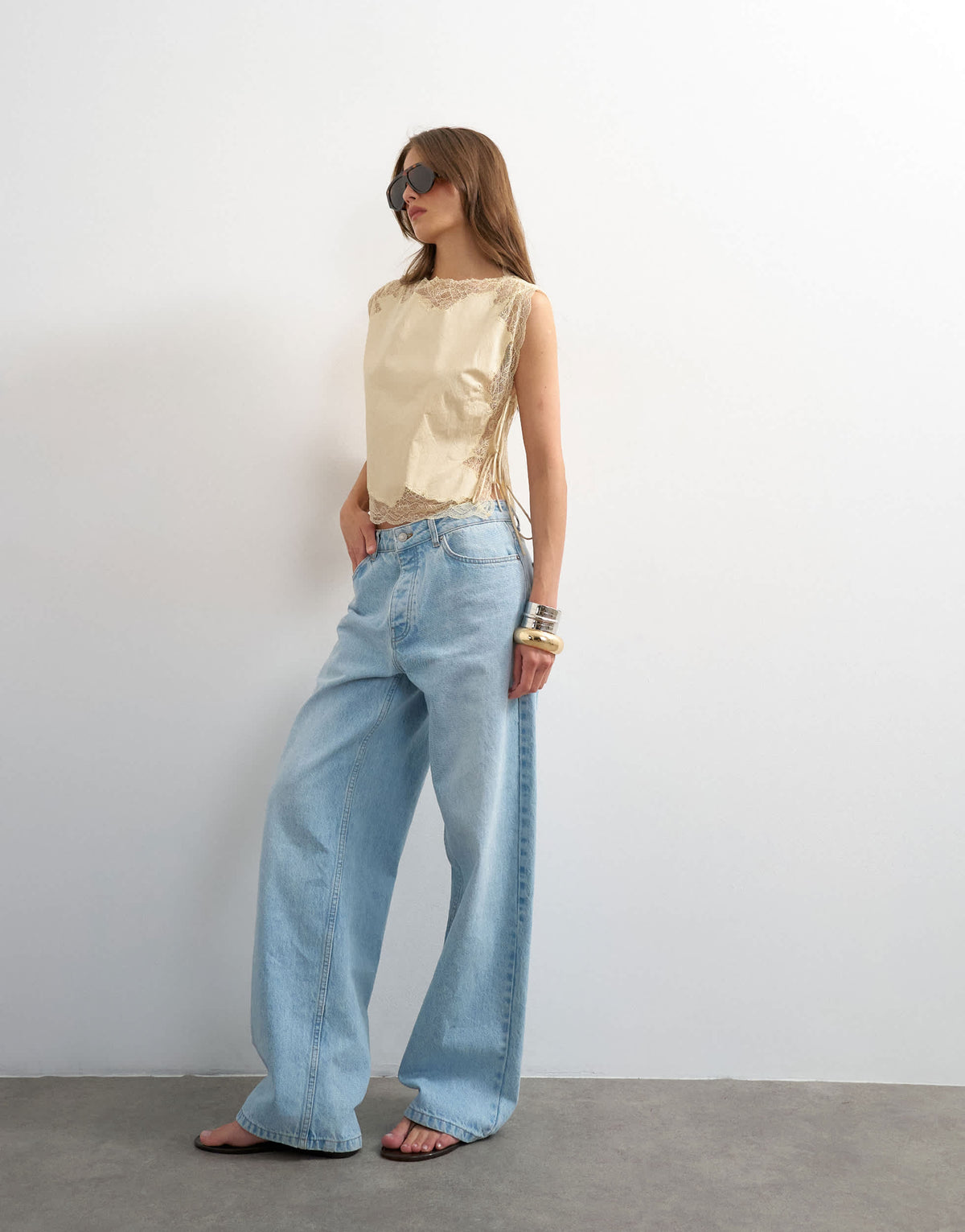 Topshop tie side lace detail top in ecru