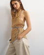 Topshop crinkle halter top with contrast trim in taupe