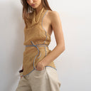 Topshop crinkle halter top with contrast trim in taupe