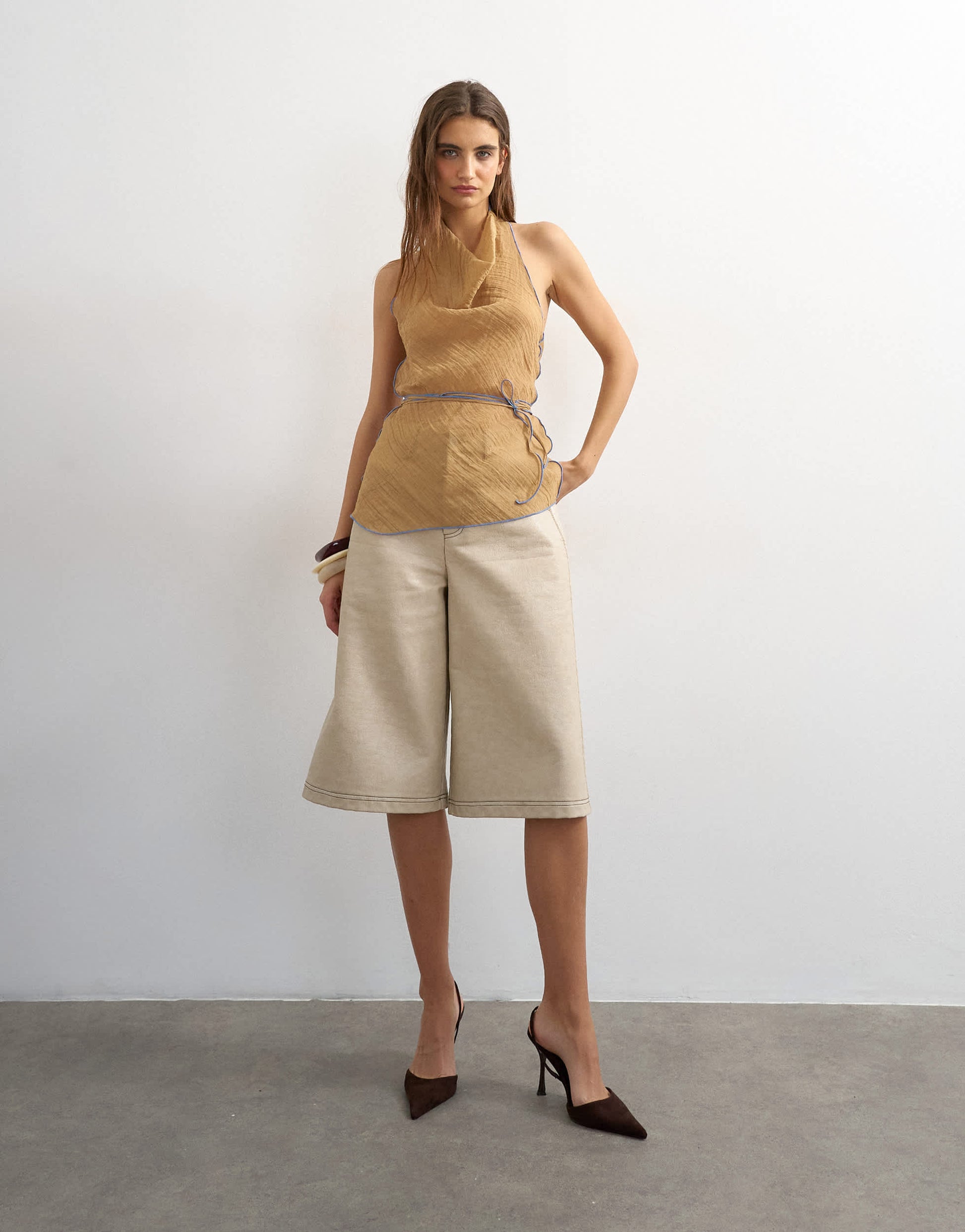 Topshop crinkle halter top with contrast trim in taupe