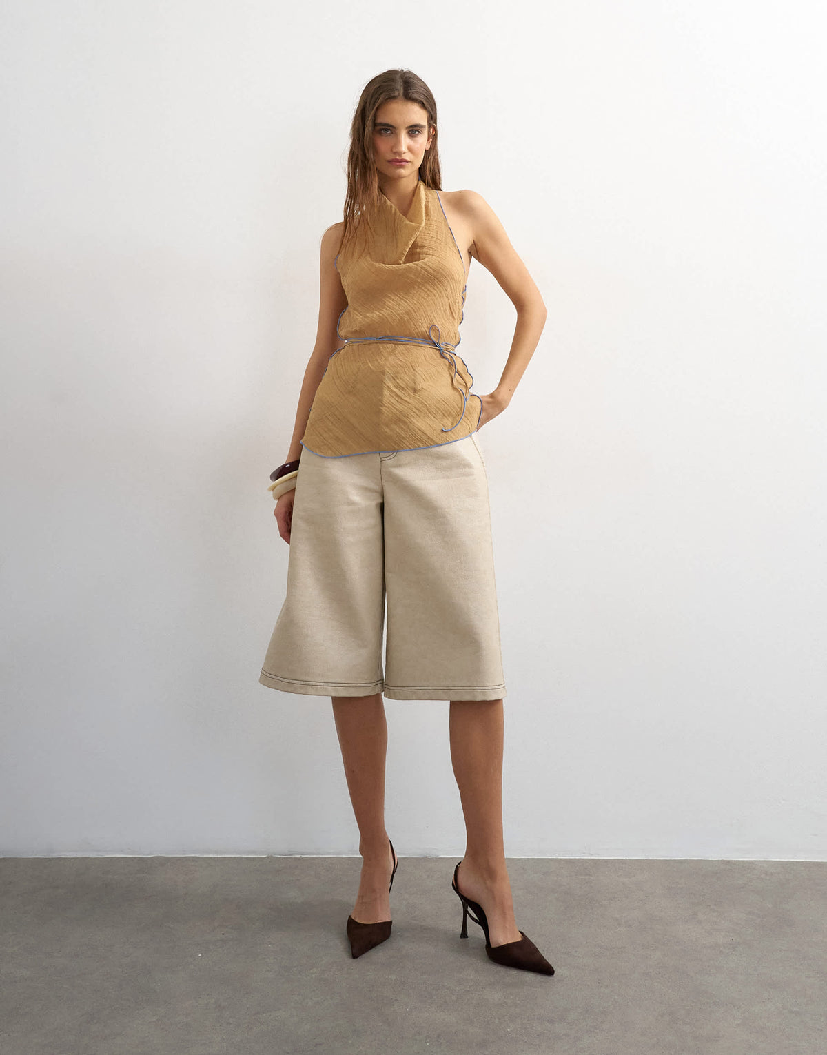 Topshop crinkle halter top with contrast trim in taupe