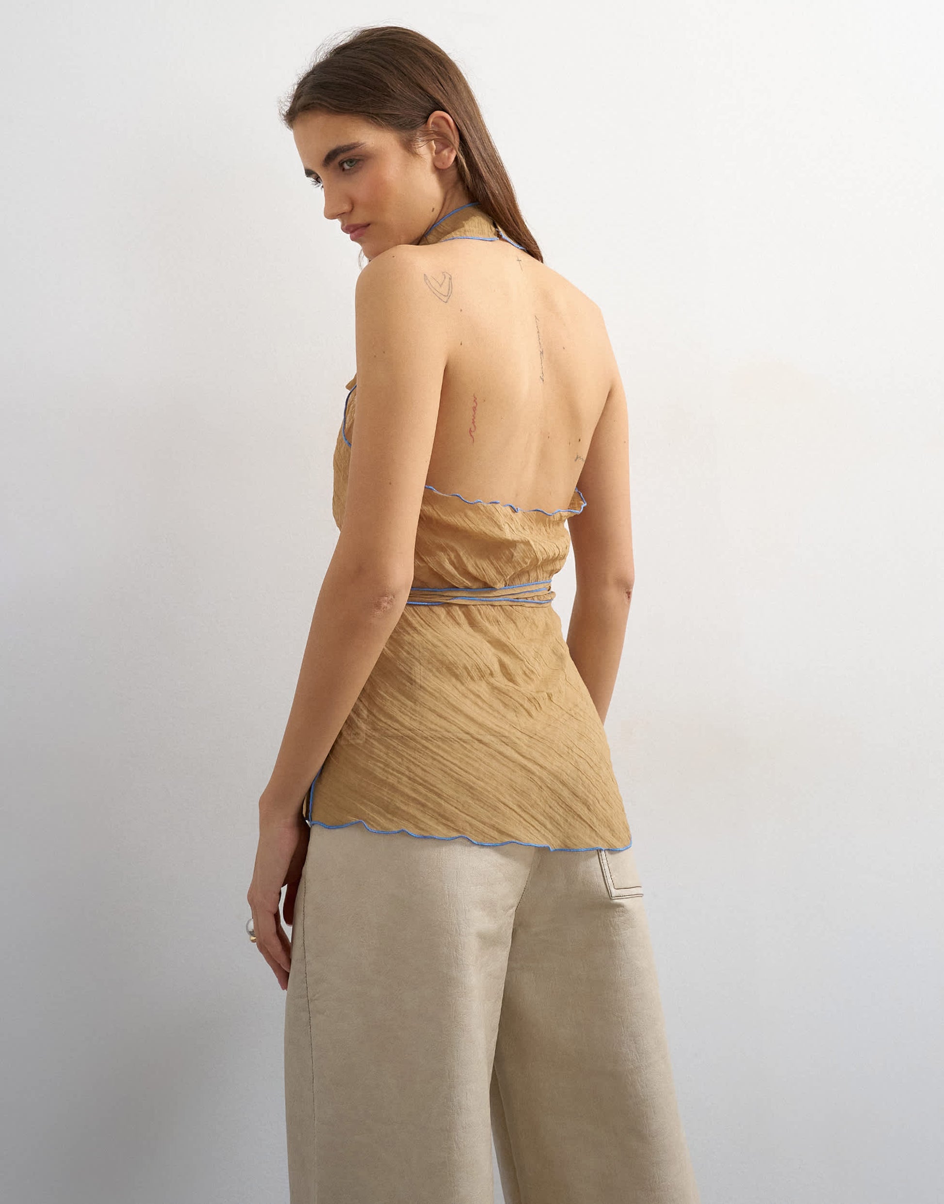 Topshop crinkle halter top with contrast trim in taupe