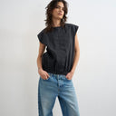 Topshop soft zip through structured shoulder top in black 