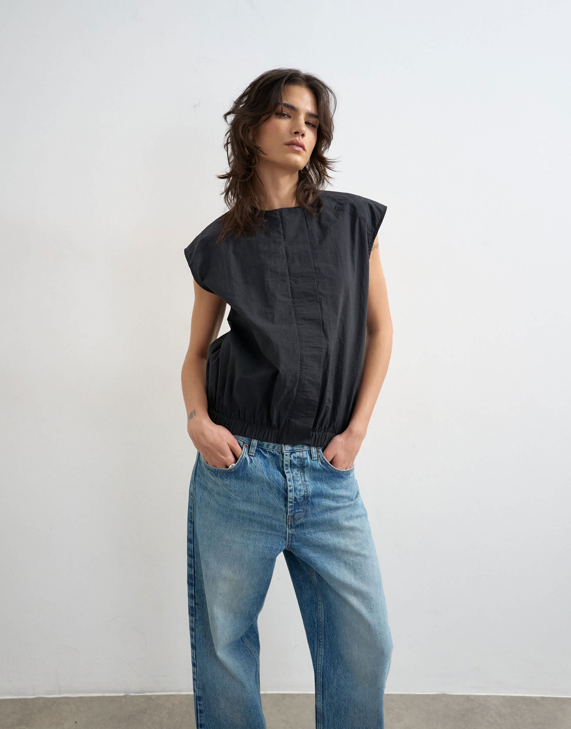 Topshop soft zip through structured shoulder top in black 