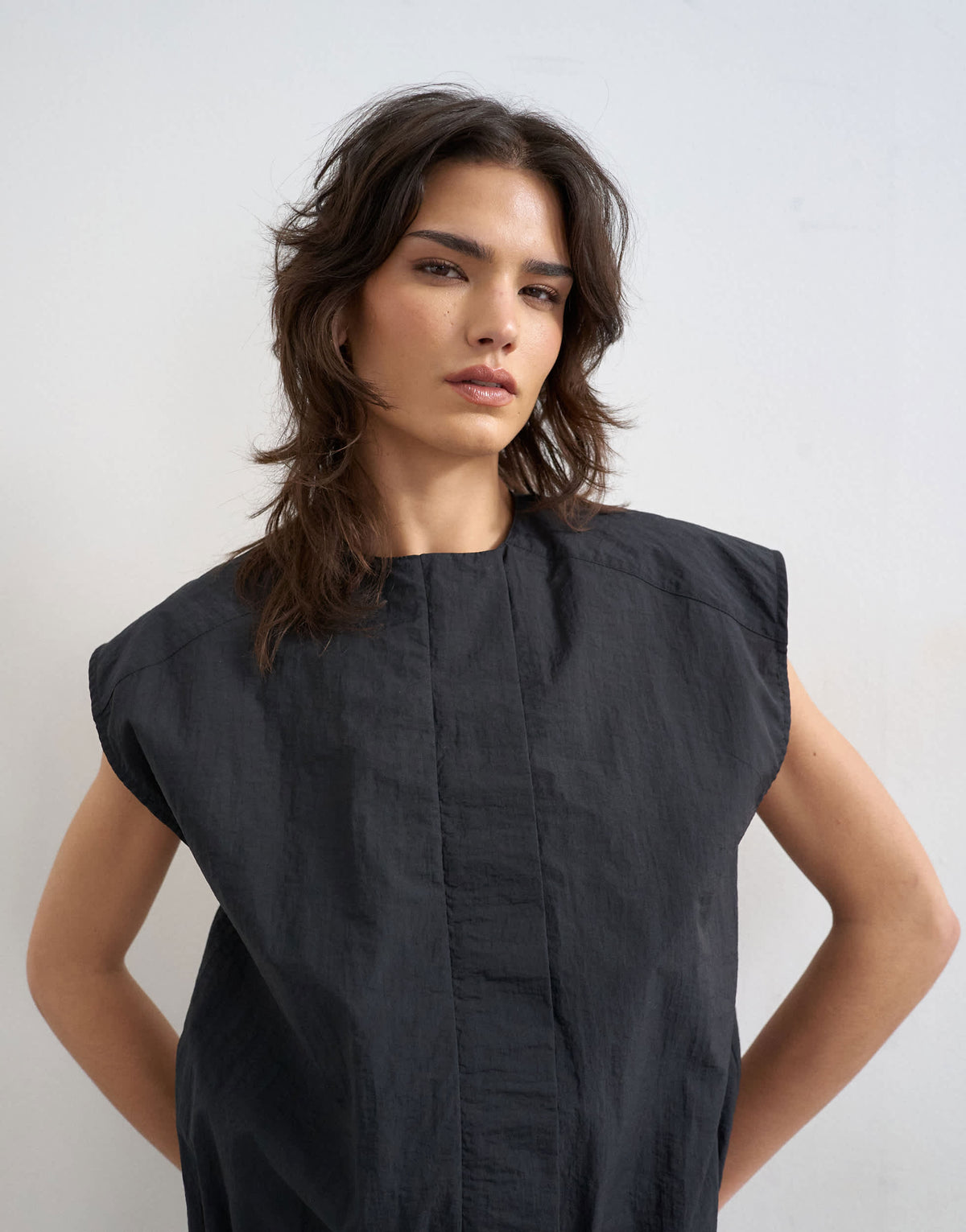 Topshop soft zip through structured shoulder top in black 