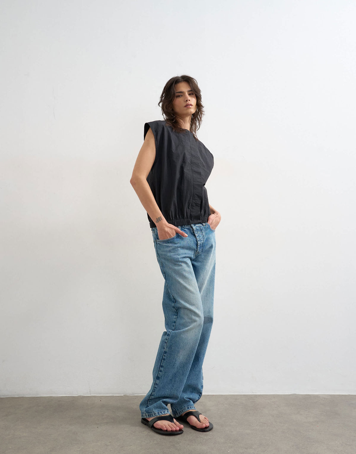 Topshop soft zip through structured shoulder top in black 
