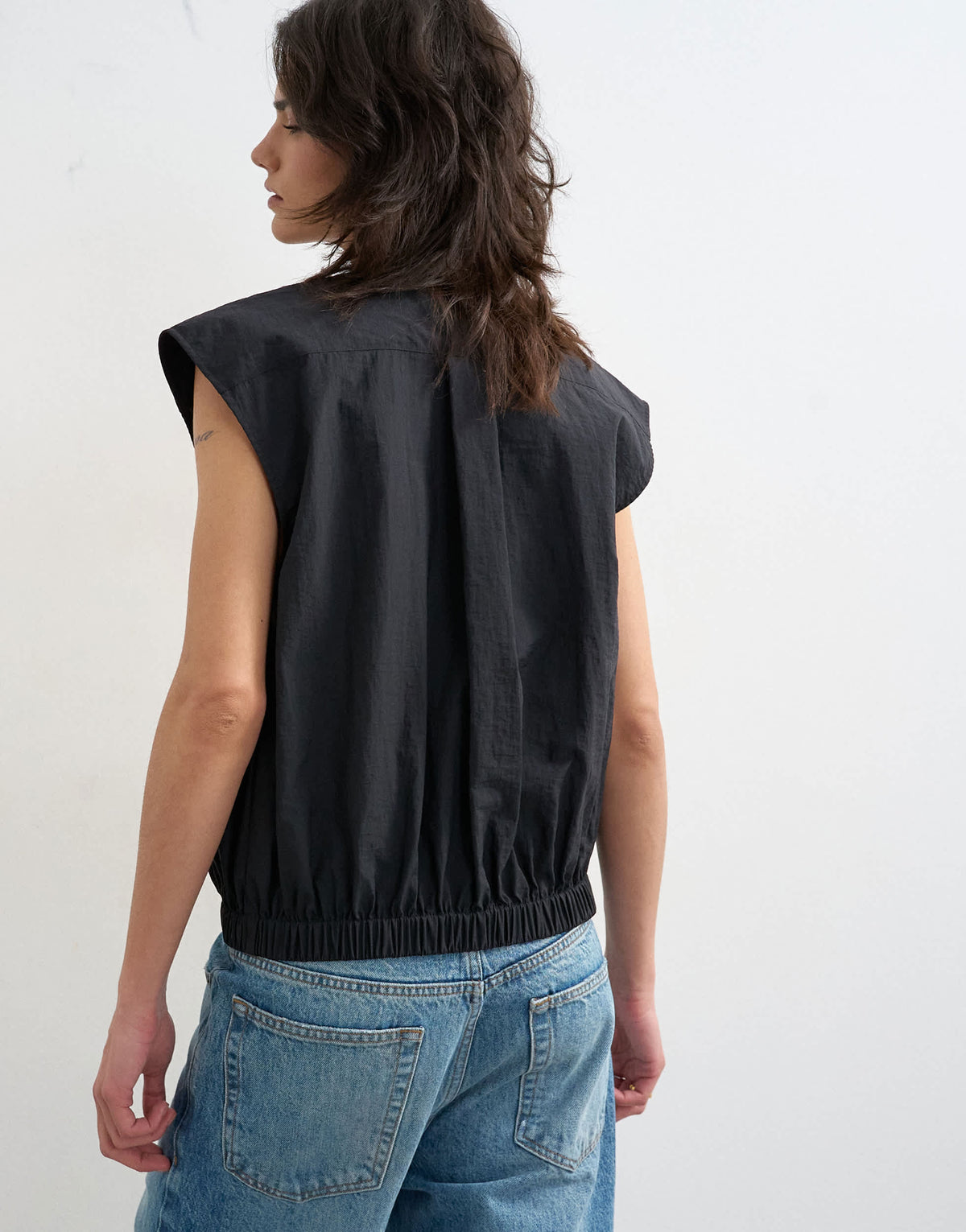 Topshop soft zip through structured shoulder top in black 