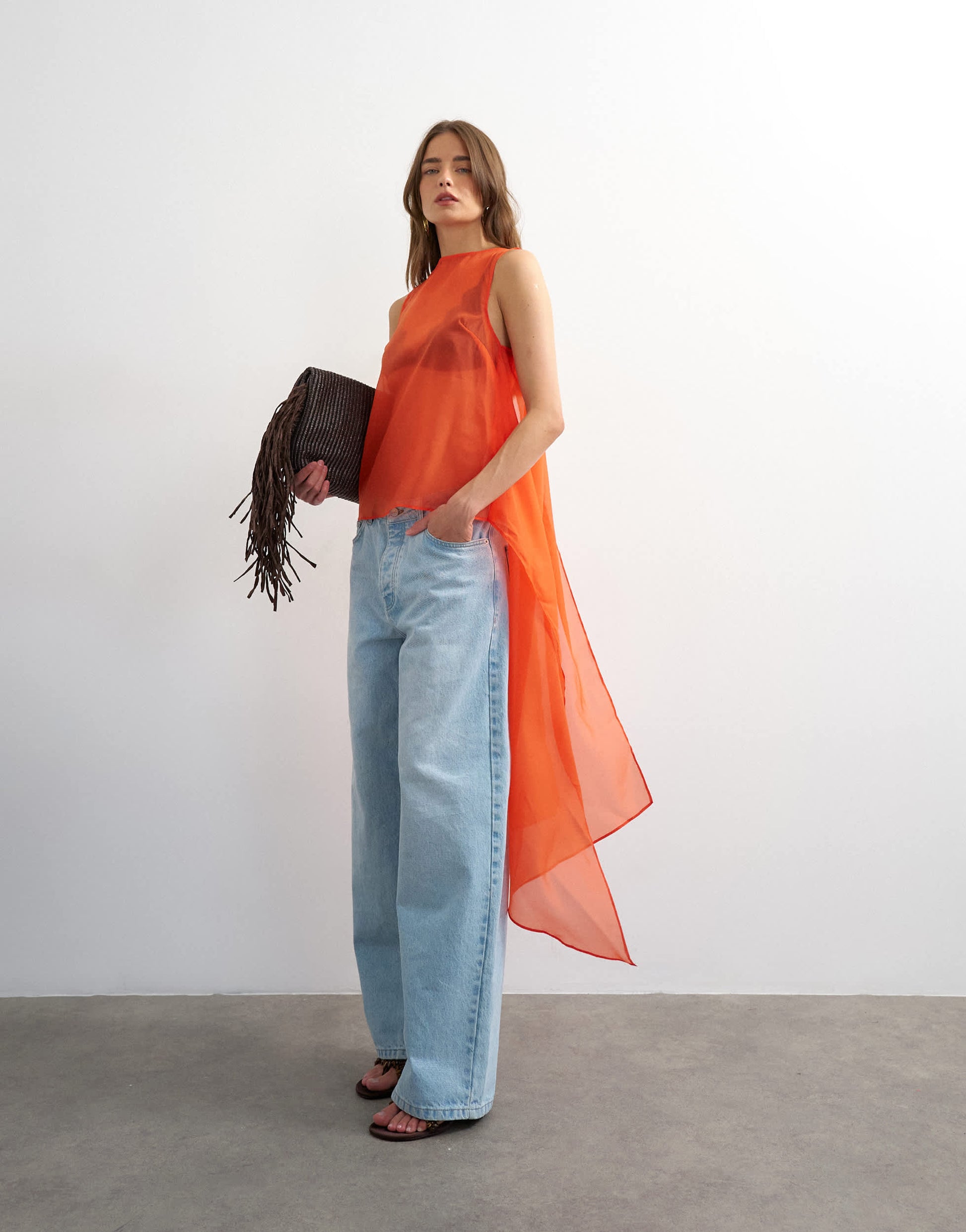Topshop sheer organza drape tunic top in fiery orange