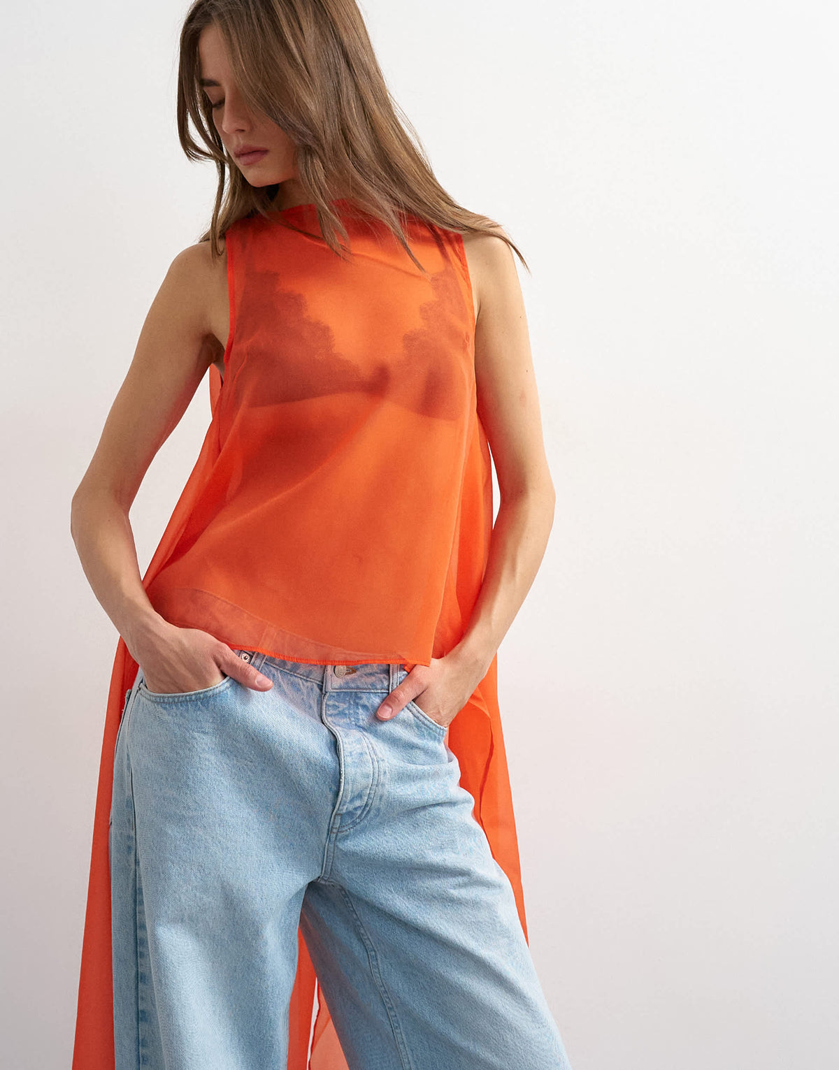 Topshop sheer organza drape tunic top in fiery orange
