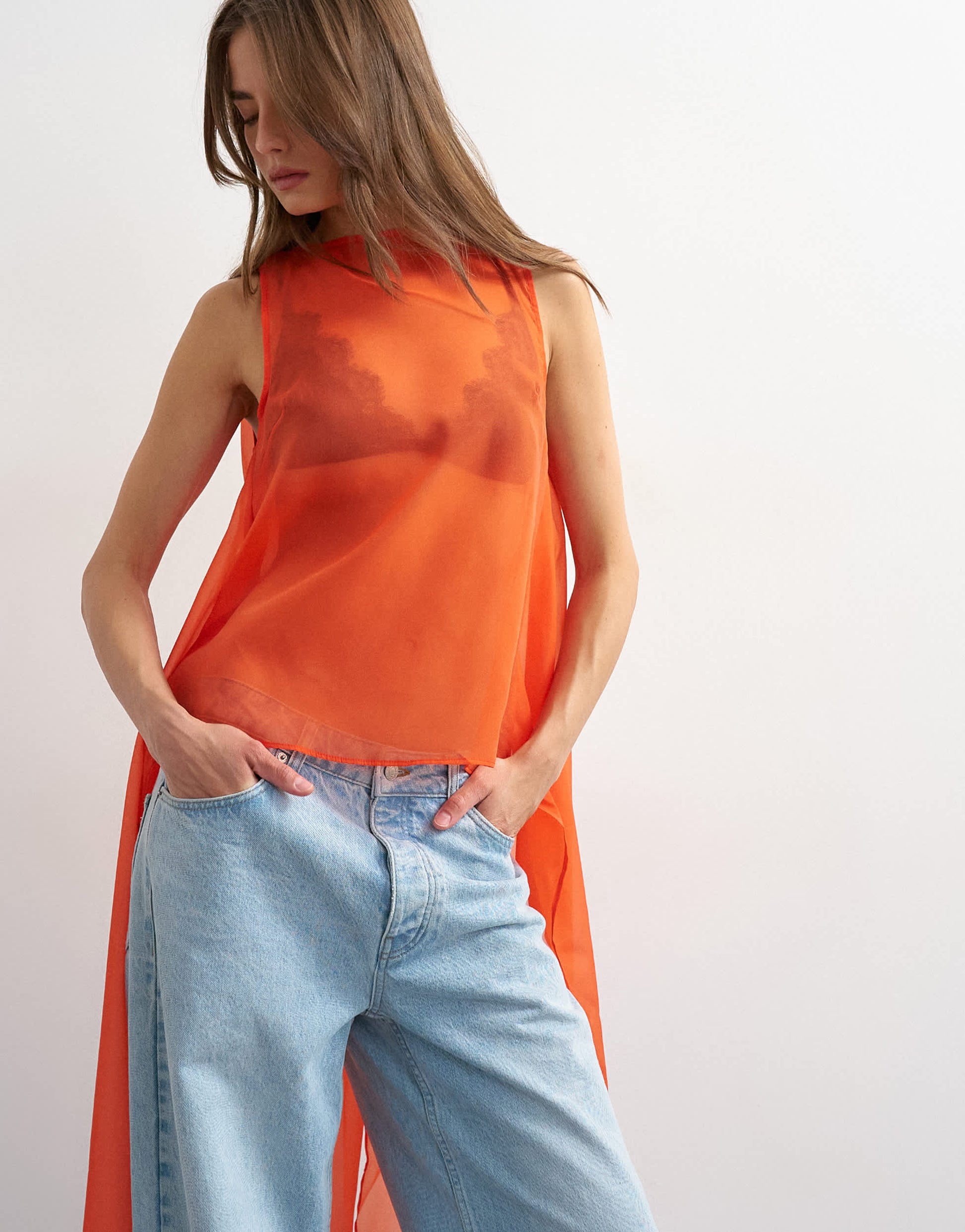 Topshop sheer organza drape tunic top in fiery orange
